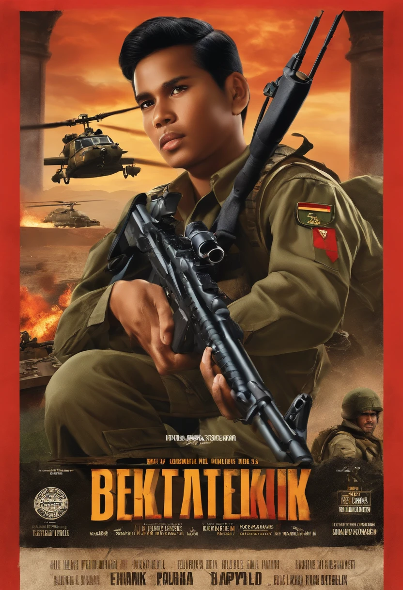 the CD cover contains images boy Indonesian with a gun sniper pose dynamic low view camera, tank, helikopter, masterpiece