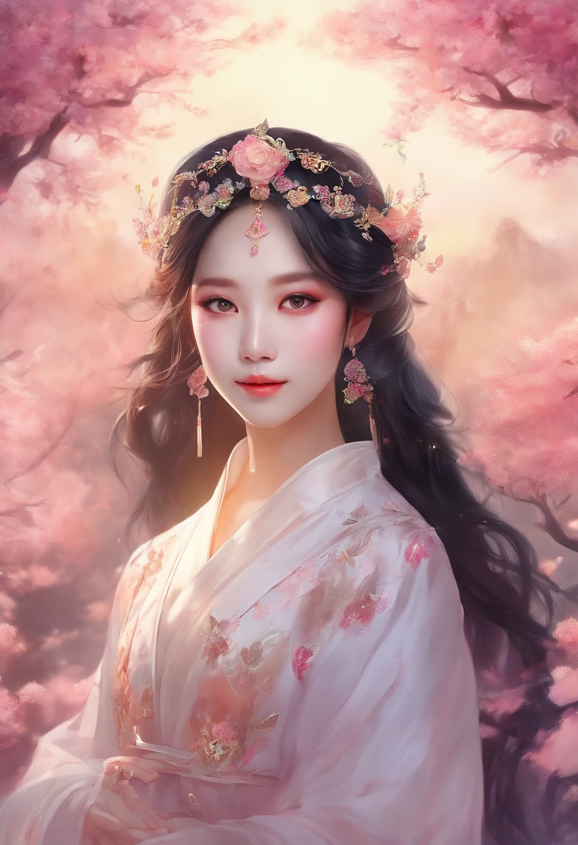 1 realistically beautiful girl, waist length hair, black eyes, ancient Ao Dai, style hanfu, wearing a thin silk shirt of ancient China, pink and smooth white skin, wearing a discreet ancient style ao dai, appears shoulders and head in the photo,cute little face, eye bags under wet makeup, plump red lips, pout, ((closed mouth:1.0)), balanced incisors, embarrassed, small face makeup detailed and very beautifull, The breasts are super round and tight, breast augmentation, blum , Cover the girl's chest with a camisole inside, blush, from front, wear earrings, necklaces, from above, looking at viewer, upturned eyes, full body, masterpiece, top quality, best quality, official art, unity 8k wallpaper, highres, ultra-high res, ultra-detailed, (photorealistic:1.2), alone, solo, Only 1 girl, style hanfu Dunhuang, 10x pixels, super realistic, ultra high quality, full body view of the girl, upper body,