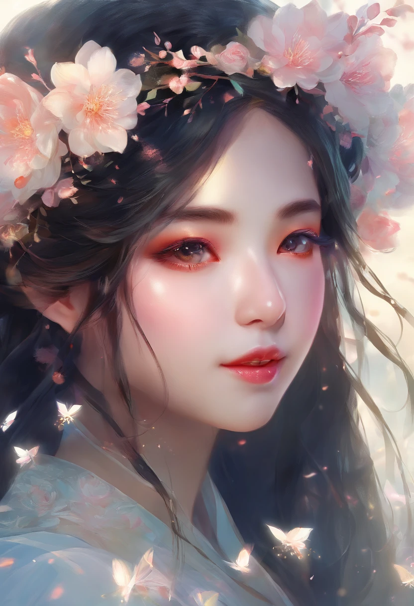 (Best quality,4K,A high resolution,Masterpiece:1.2),Extremely detailed face,Beautiful smiling girl in hanfu,Delicate makeup,Long black hair,Flower crown,Light background,Soft lighting,Subtle tones"
