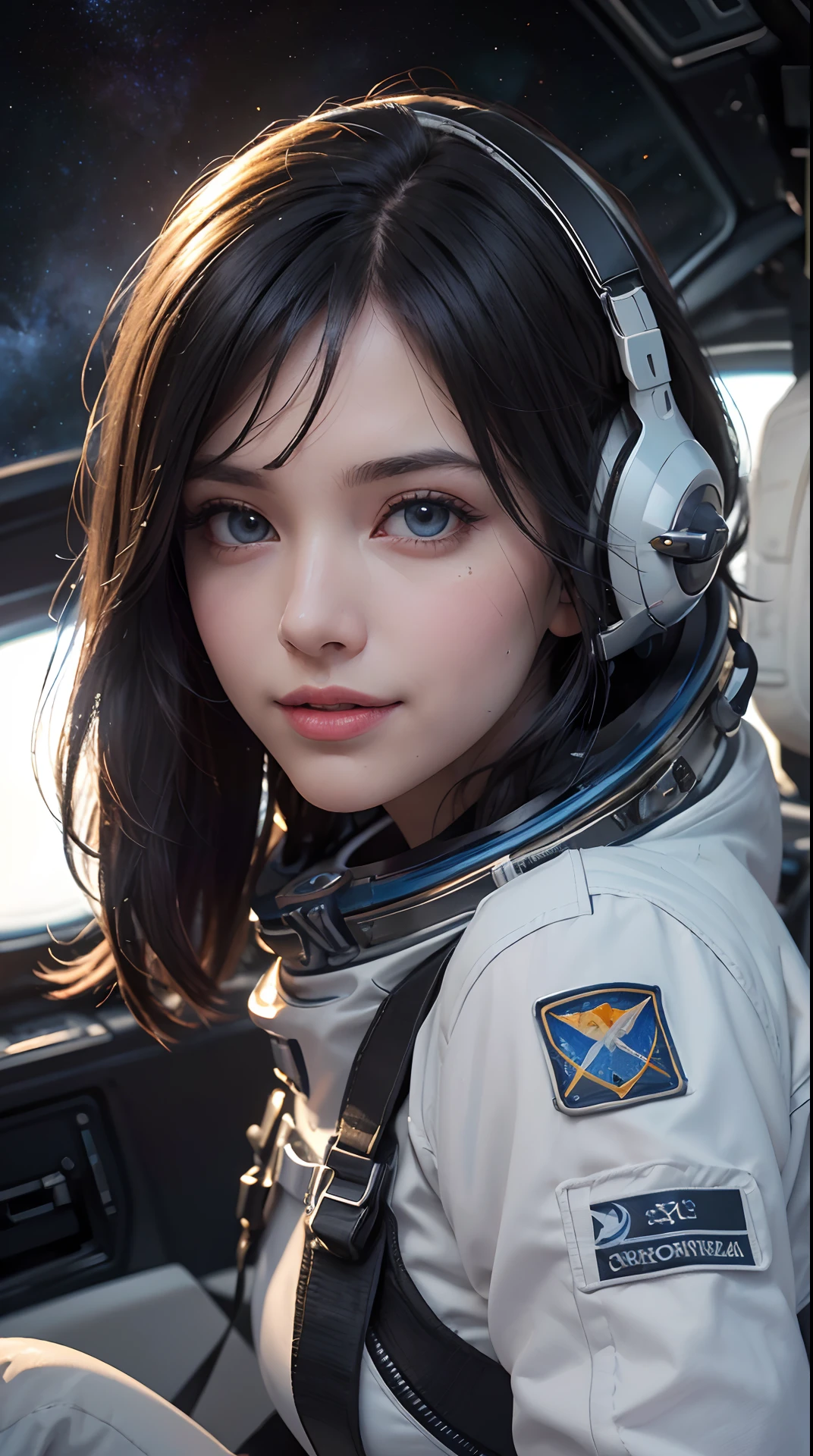 (best quality,4k,8k,highres,masterpiece:1.2), ultra-detailed, (realistic,photorealistic,photo-realistic:1.37), (beautiful detailed eyes, beautiful detailed lips, extremely detailed eyes and face, long eyelashes), studio lighting,physically-based rendering,vivid colors, (big tits, super big tits, super extra big tits, ass:0.8), (portrait, smile and laugh:1.2), (space punk, space suits, metallic materials, sharp and futuristic designs, geometric patterns, transitions, three-dimensional elements, LED lights, hardware decorations, glow-in-the-dark elements, futuristic helmets, transparent visors, LED lights, heads-up displays, patches and emblems representing aerospace organizations and space exploration missions, advanced functionality, breathability, temperature control, water resistance, survival in space environments Characteristics:1.2), (space ship, cockpit:1.2),