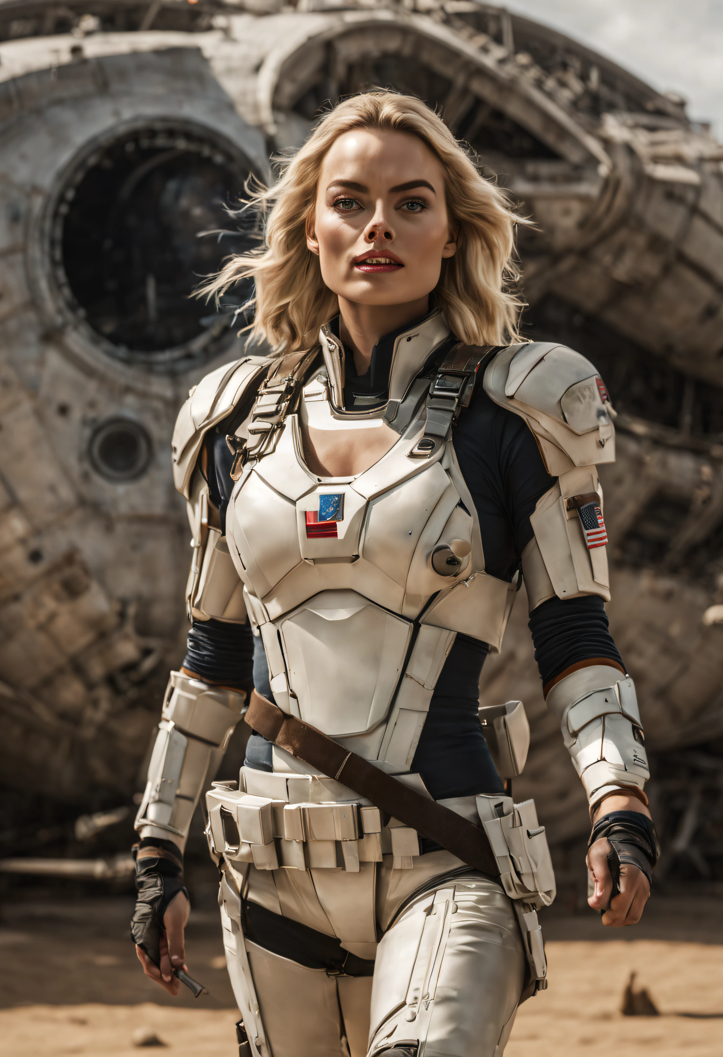 mujer guerrera amazona con minifalda (margot robbie), se encuentra en centro de control de nave espacial, imagen nitida, hiperrealista, 8k