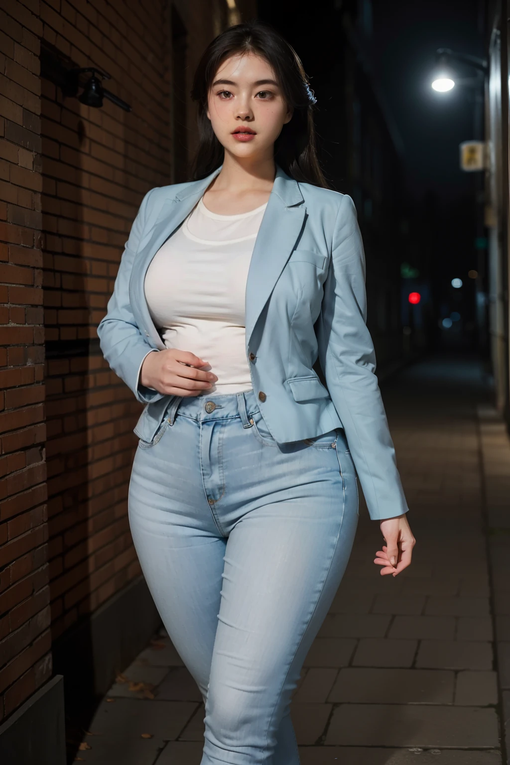 The light is dim,Wearing light blue skinny denim shorts,Beige suit,Plump buttocks,Pear-shaped body,fully body photo,Gray brick walls,In the moonlit alleys at night,Classic art photographs,with details,There are close-ups,