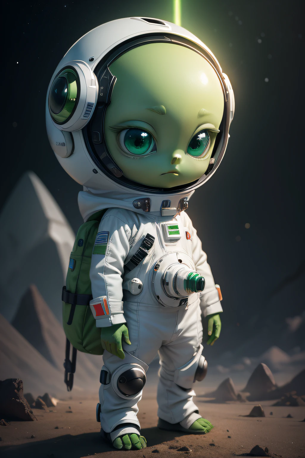 Construct the image of a  alien with green skin and big eyes，It's lovely，Looks like an explorer，Wearing a white spacesuit，，are standing，villain