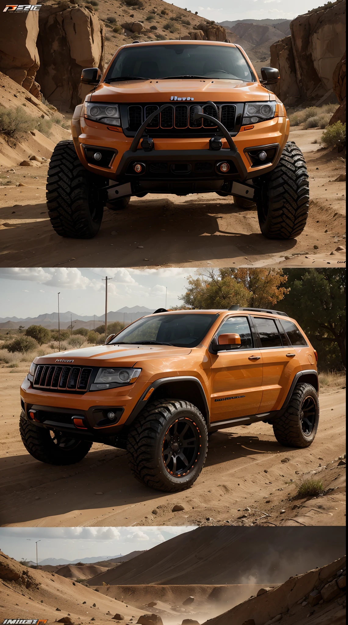 Orange and black Jeep Grand Cherokee custom futuristic, hyper detailed 8K detail concept art, 2004 model, body kit, aggressive tires, hood scoop, brilliant orange, brush guard on front, fender flares, roof rack, widebody,