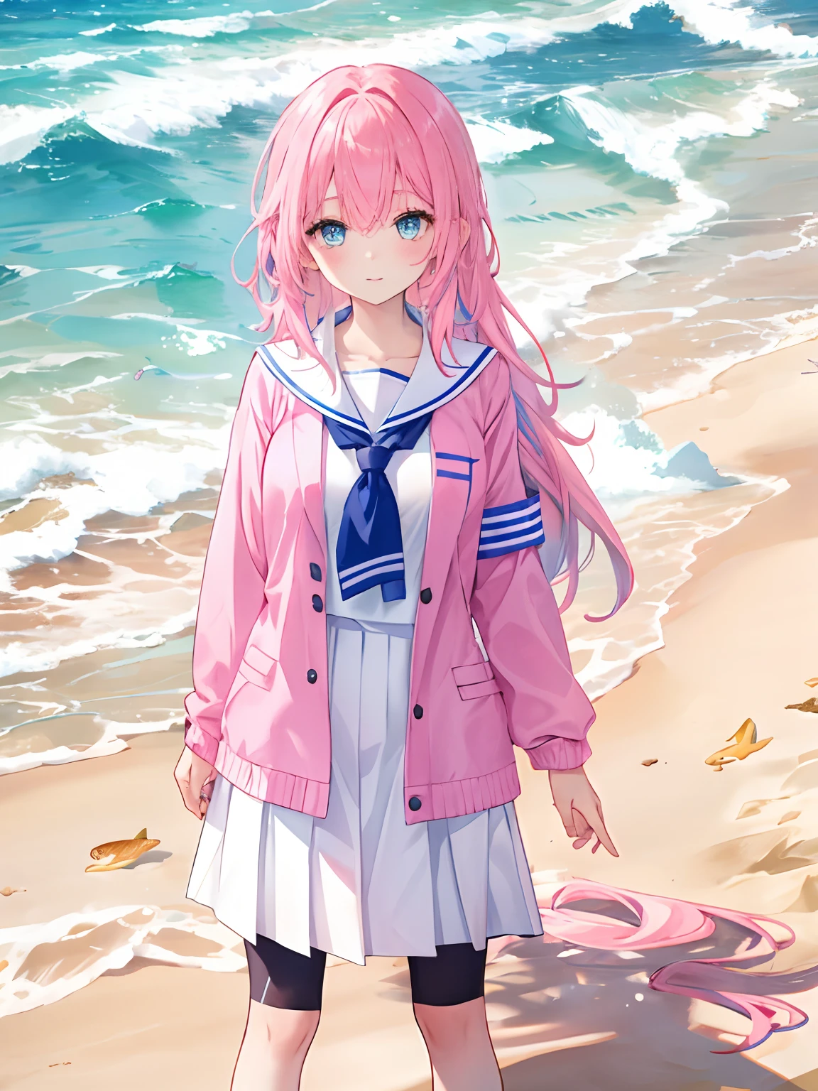 chromatically,Girl with pink hair,blue color eyes,JK school uniform,beach sand background