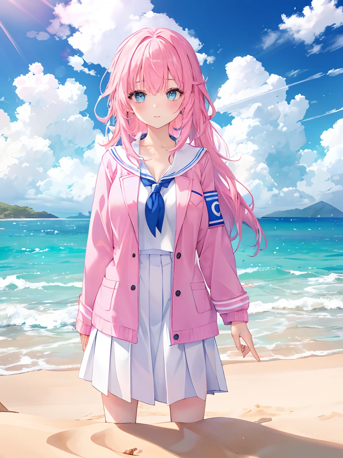 chromatically，Girl with pink hair，blue color eyes，JK school uniform，beach sand background