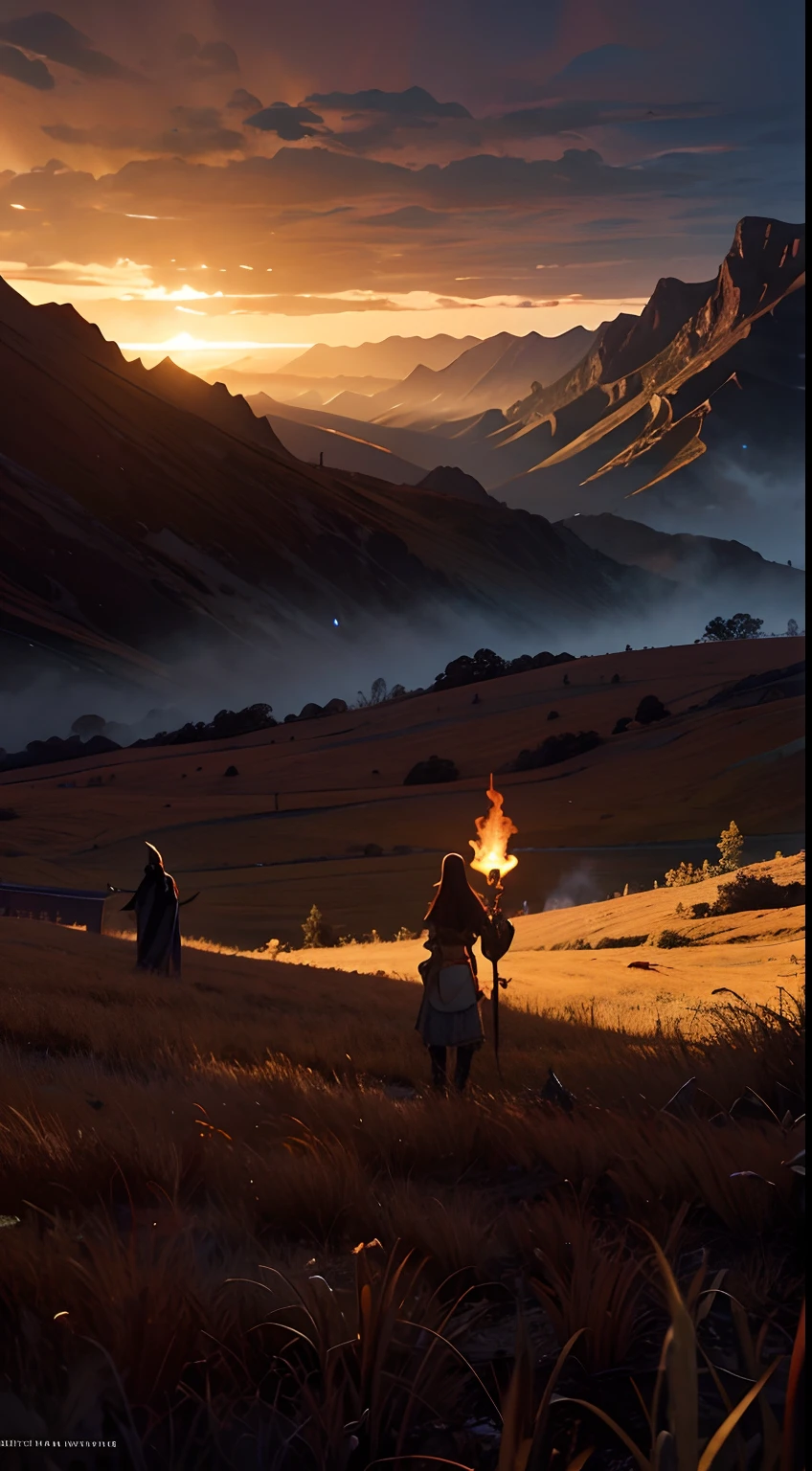 Demons wander,Bodies are strewn across the field,In the distance, ghosts can be seen floating on the ridges,Antique fantasy