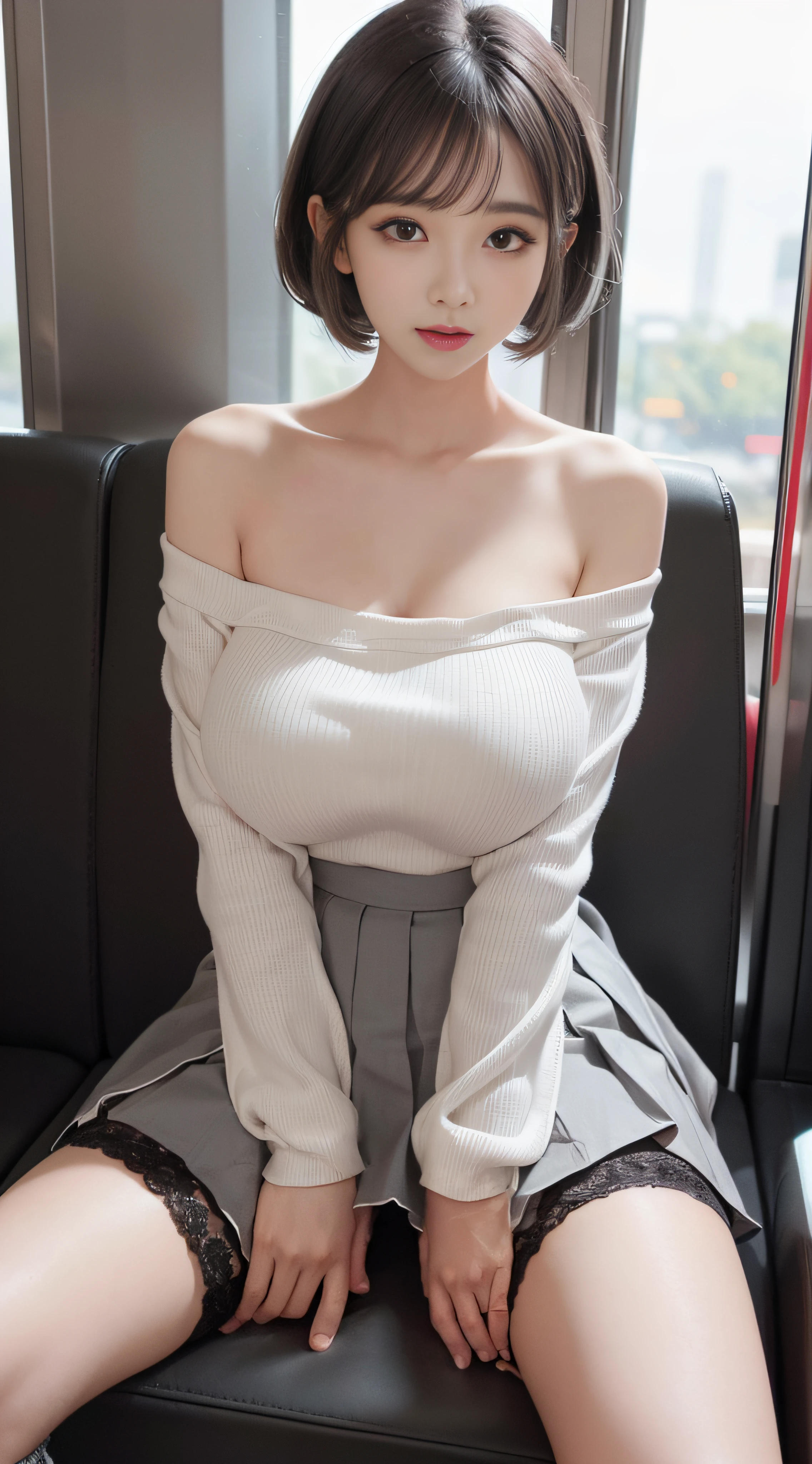 Korean，Sitting on the train，（（（tmasterpiece）））， （（best qualtiy））， （（intricate detailes））， （（Ultra-realistic realism））， Ridiculous resolution， A MILF， Mature Woman， ighly detailed， illustratio， 1girll，（（Large breasts））， perfect hand， Detailed finger， Beautiful detailed eyes，((( Whitted ash grey asymmetrical bob hair)))， with brown eye， Name badge，Korean Style Long Sleeve Pink Off Shoulder，Black ruffled lace-up，(Grey Super Mini Pleated Skirt，Black lascivious knee socks:1.2)，detailedbackground， perfect  eyes， mesmerizing eyes，Slightly open mouth, ((1 girl with huge breasts that seems to burst with a little spread of legs:1.2))