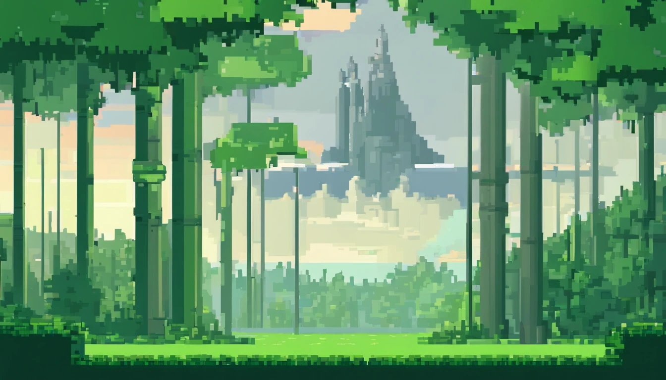 Green forest below, gray Tower on center, Big Sun, gray cloud