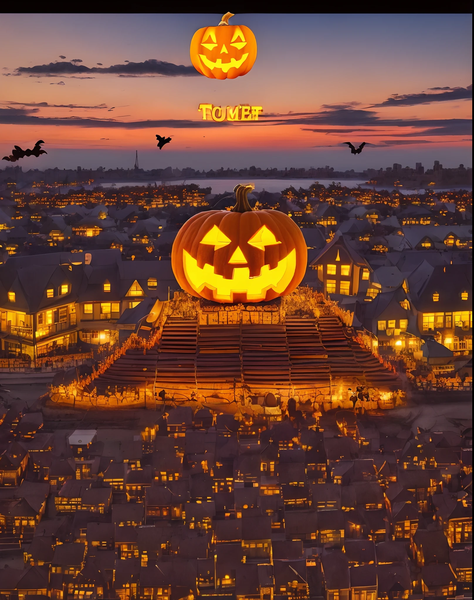 Anime girl in pumpkin costume standing on top of a car made of pumpkins, There are huge corporate bats flying in the sky， in a halloween style, Cute, halloween theme, Cute, author：Qu Leilei, The Witch, 8K high quality detailed art, ****, mechanized witch girl, Cute detailed digital art, Trick or Treat, lovely art style