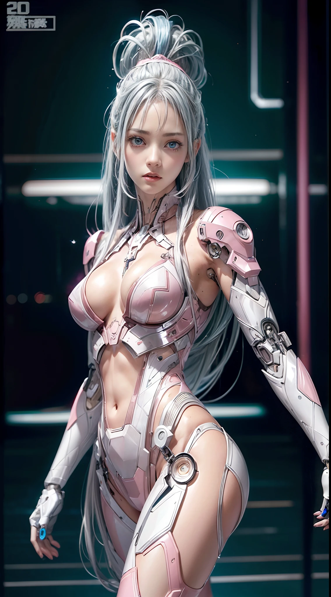 ((1girl, perfect face, looking at the audience)),
BREAK,
((skin tight transparent vinyl, long blue hair, gray eyes, pale skin, shanyaogaoda, thighs, pink eyes, looking down)),
BREAK,
((cyborg, Machine)), mecha, pink armor with white parts, shiny clothes, hair ornaments, bare shoulders,
BREAK,
low lighting, low key, sharp focus, octane, backlight, machine, backlight, standing, (large mechanical background:1.2), Bottom up view, cosplay, RAW photo, smooth, best quality, (intricate details: 1.3), highly detailed, fine detail, full color, 8k uhd, film grain, (studio lighting:1.2), (Fujifilm XT3), (photorealistic:1.3), (skin detail:1.2), very high resolution, out of the park with lake, best quality, photo, 4k, (photorealistic:1.4)