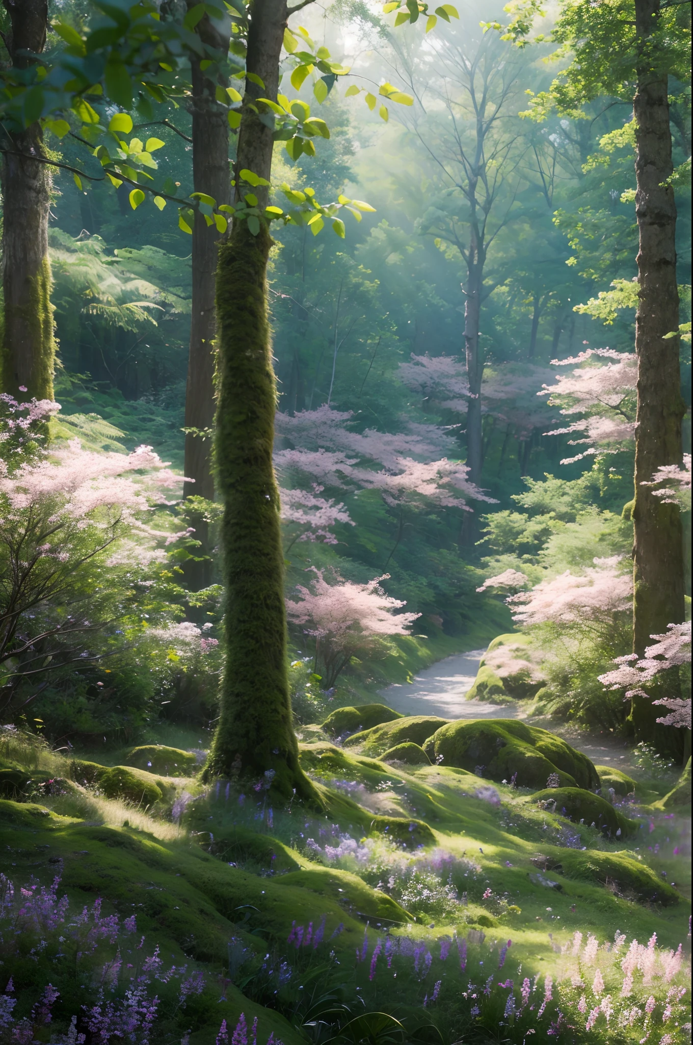 ultra-detailliert、masterpiece、top-quality、超A high resolution、8K high image quality、Raw photo-like clarity、In the deep forest、A tranquil spring with high ultra clarity、The sun is shining through the beautiful trees、