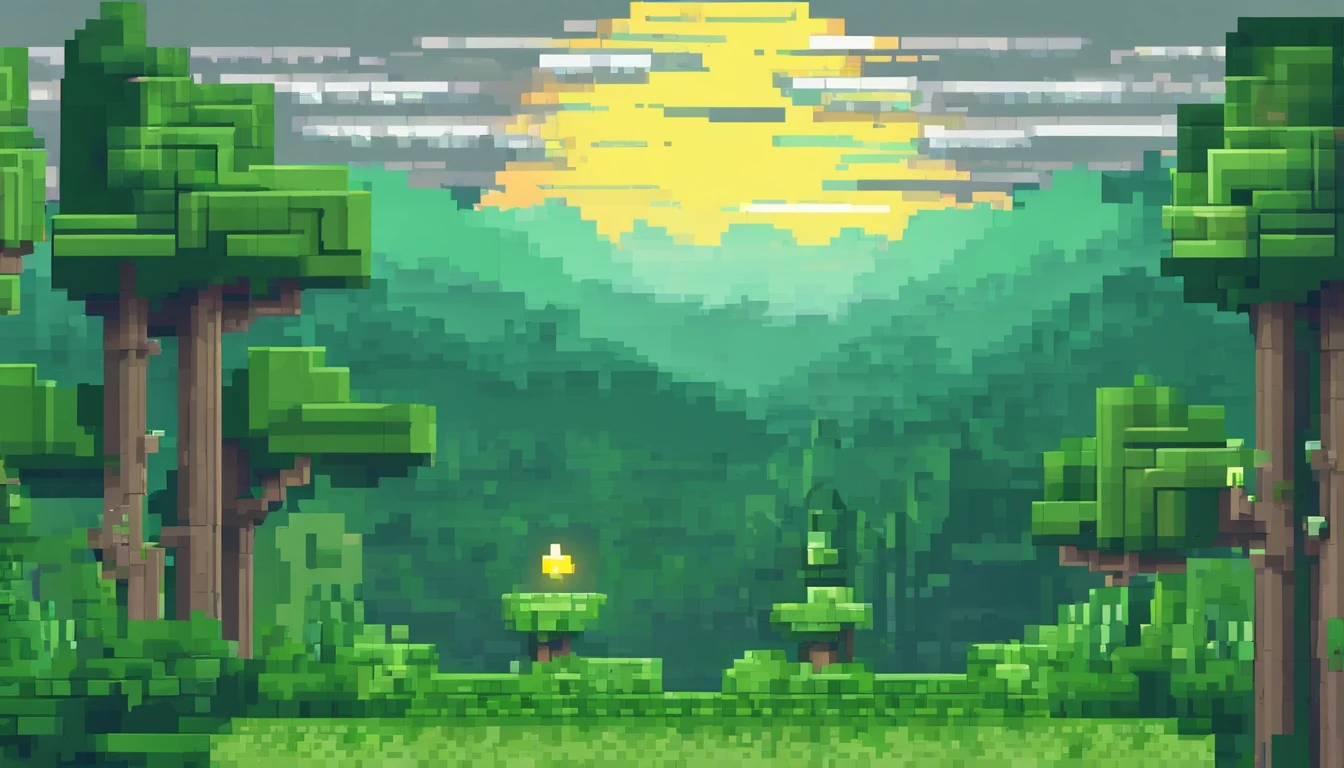 The green forest below, Grey tower in the center, Big Sun, Grey clouds at the top