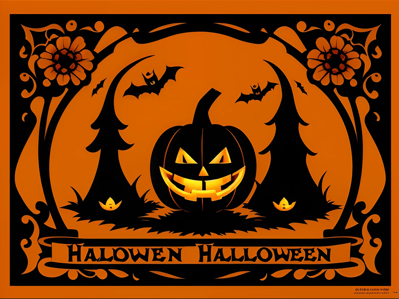 The artwork features the word 'Halloween' at its core with an array of classic Halloween symbols