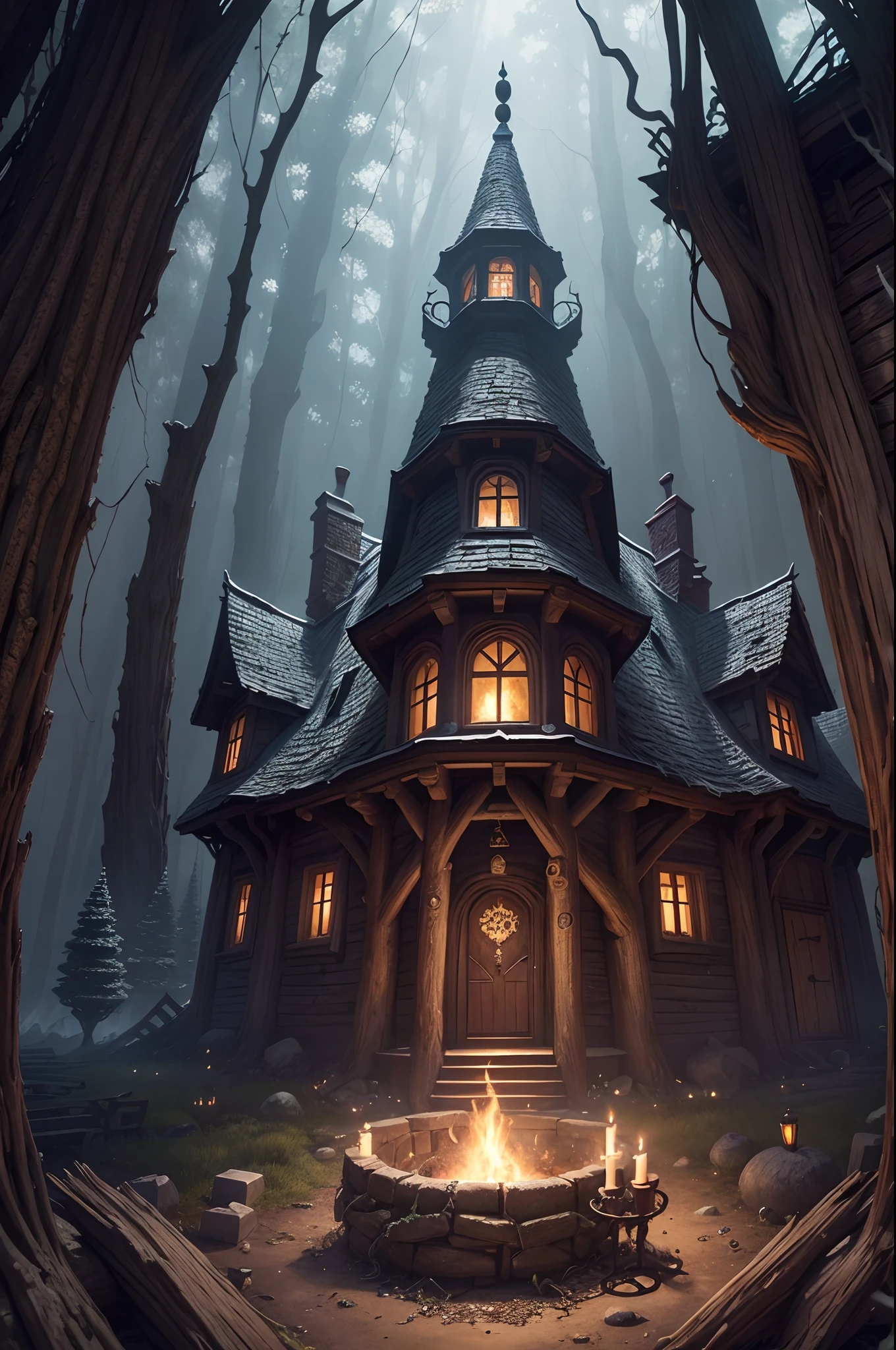 Masterpiece, top quality, best quality, official art, beautiful and aesthetic:1.2, extreme detailed, (fractal art:1.3) Hidden deep within an enchanted forest, the Witches' Cottage stands as an ominous haven of dark magic. Its gnarled timbers, crooked windows, and arcane symbols etched into the walls tell of ancient sorcery. Cauldrons bubble with eldritch potions, and the air is thick with enchantments. Within these ominous walls, secrets are bound by the craft of witches