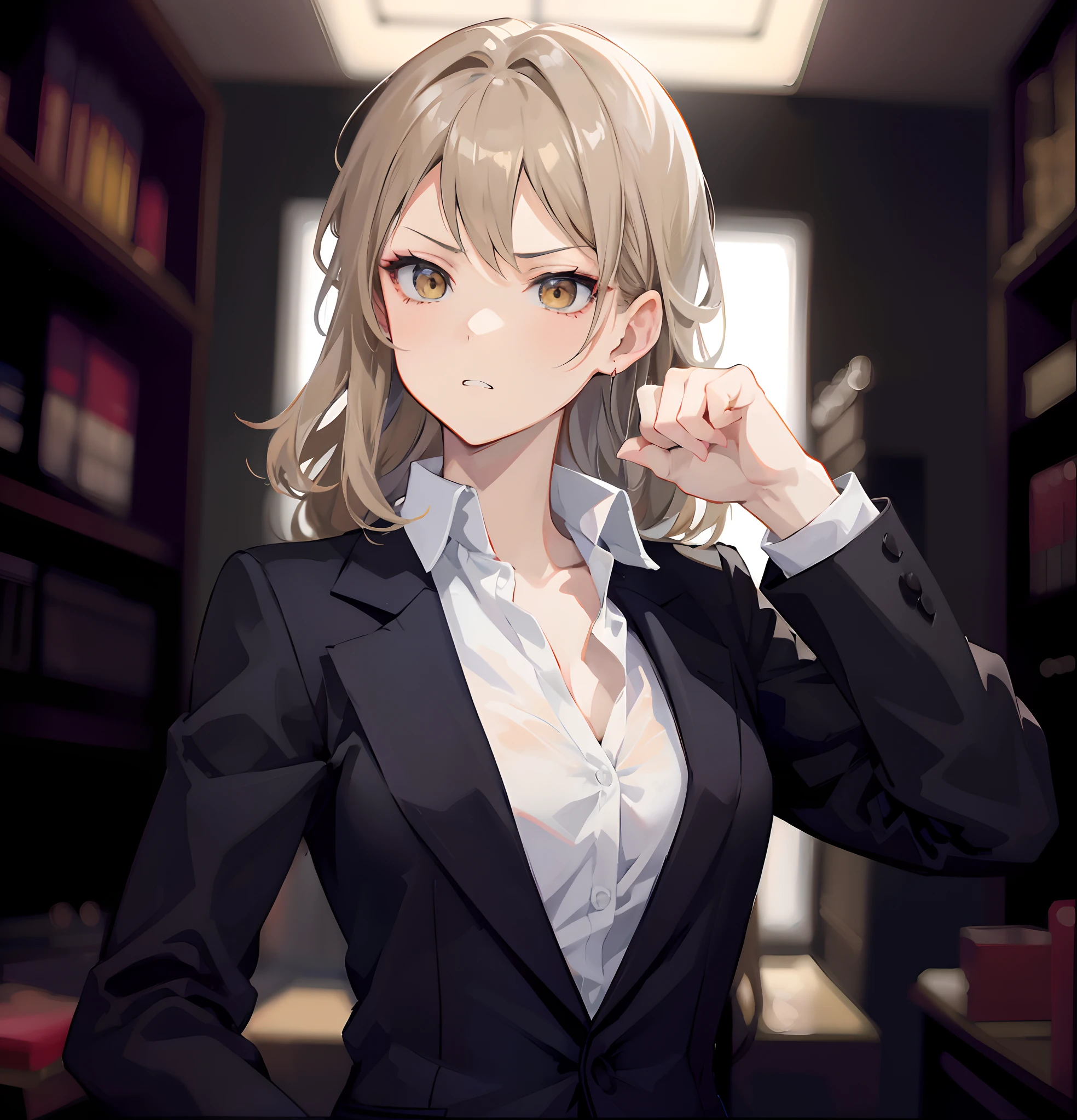 anime - style image of a woman in a suit in a library, anime artstyle, best anime 4k wallpaper, digital anime illustration, smooth anime cg art, detailed digital anime art, painted in anime painter studio, anime visual of a cute girl, portrait anime girl, marin kitagawa fanart, dramatic angry pose, serious, dark blonde hair, yellow eyes, clenching teeth, fist, tight sleeves
