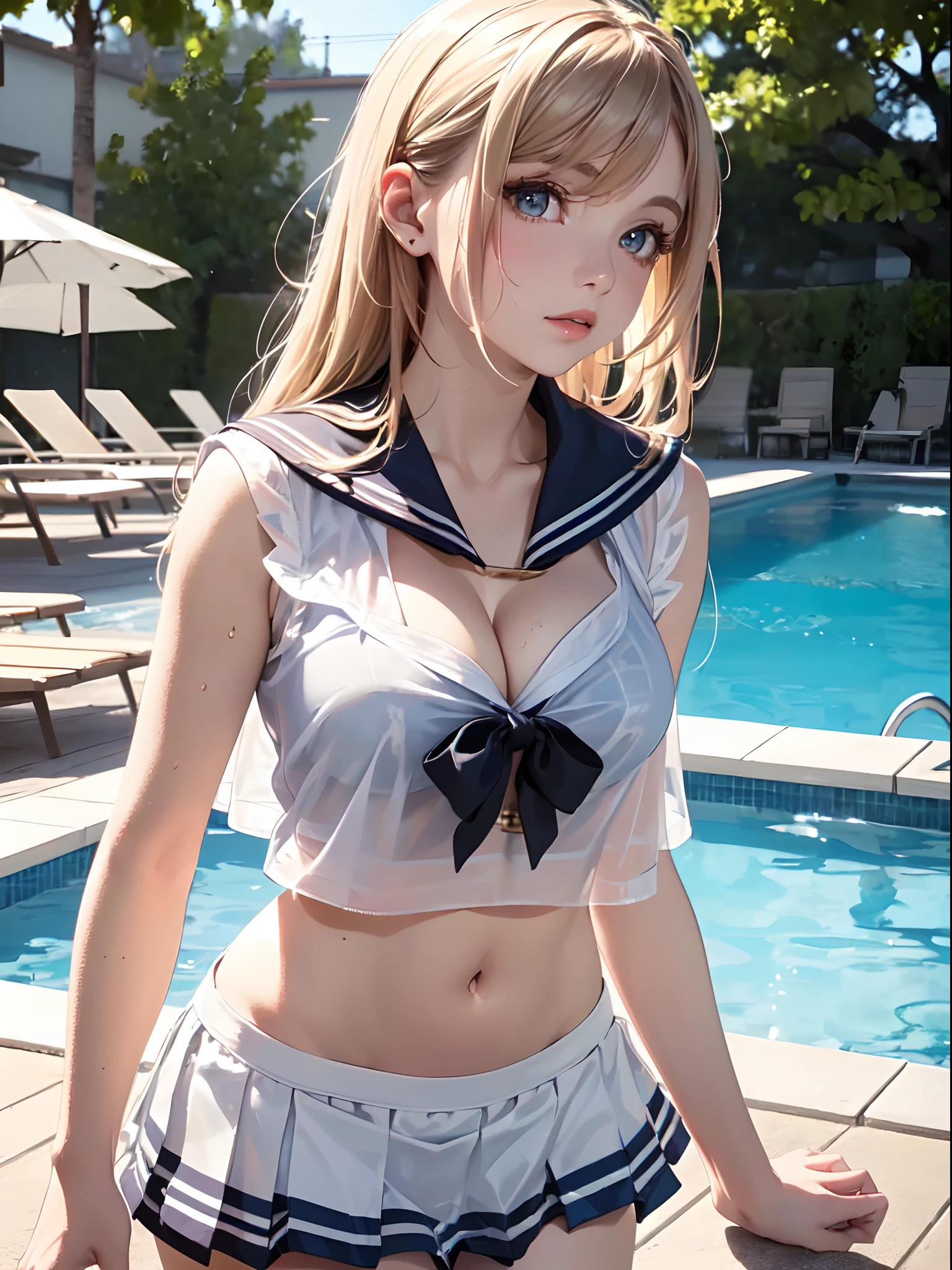 ((masterpiece, best quality, highres, UHD, perfect pixel, depth of field, 4k, RTX, HDR))), 1girl, single, solo, (((cleavage))), beautiful girl, beautiful artstyle, ((Detailed beautiful eyes, beautiful eyelashes, realistic eyes)), ((detailed face)), ((smooth texture, realistic texture, photorealistic)), (large breasts), small ass, perfect body, ((cowboy shot)), ((( white sheer sailor shirt, Sleeveless, Open front))), (((Navel ))), (((Sheer Micro Mini Skirt))), poolside, Perfect Eyes Eyes