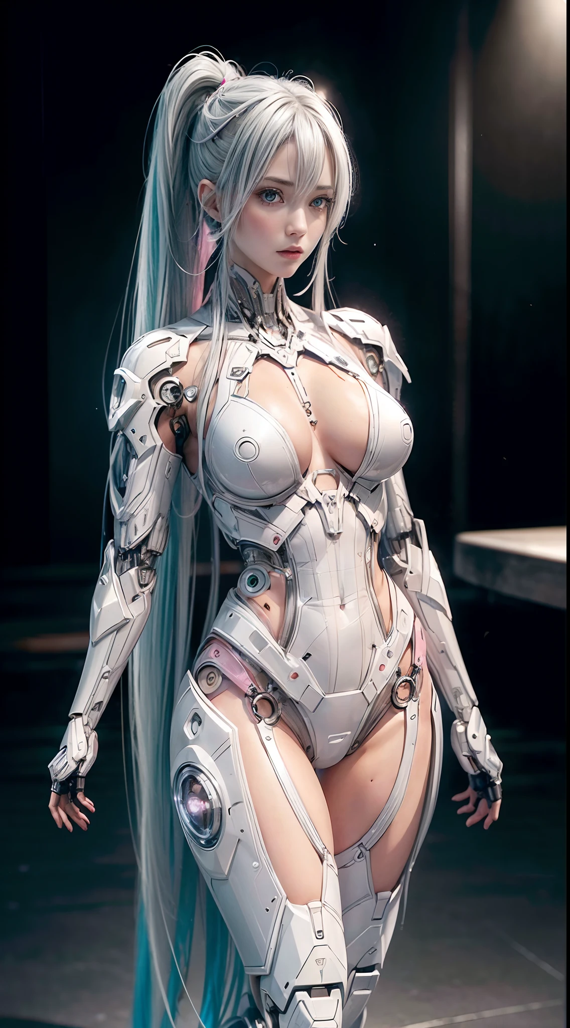 ((1girl, perfect face, looking at the audience)),
 BREAK,
 ((skin tight transparent vinyl, long blue hair, gray eyes, pale skin, shanyaogaoda, thighs, pink eyes, looking down)),
 BREAK,
 ((cyborg, Machine)), mecha, pink armor with white parts, shiny clothes, hair ornaments, bare shoulders,
 BREAK,
 low lighting, low key, sharp focus, octane, backlight, machine, backlight, standing, (large mechanical background:1.2), Bottom up view, cosplay, RAW photo, smooth, best quality, (intricate details:  1.3), highly detailed, fine detail, full color, 8k uhd, film grain, (studio lighting:1.2), (Fujifilm XT3), (photorealistic:1.3), (skin detail:1.2), very high resolution, out of the park  with lake, best quality, photo, 4k, (photorealistic:1.4)