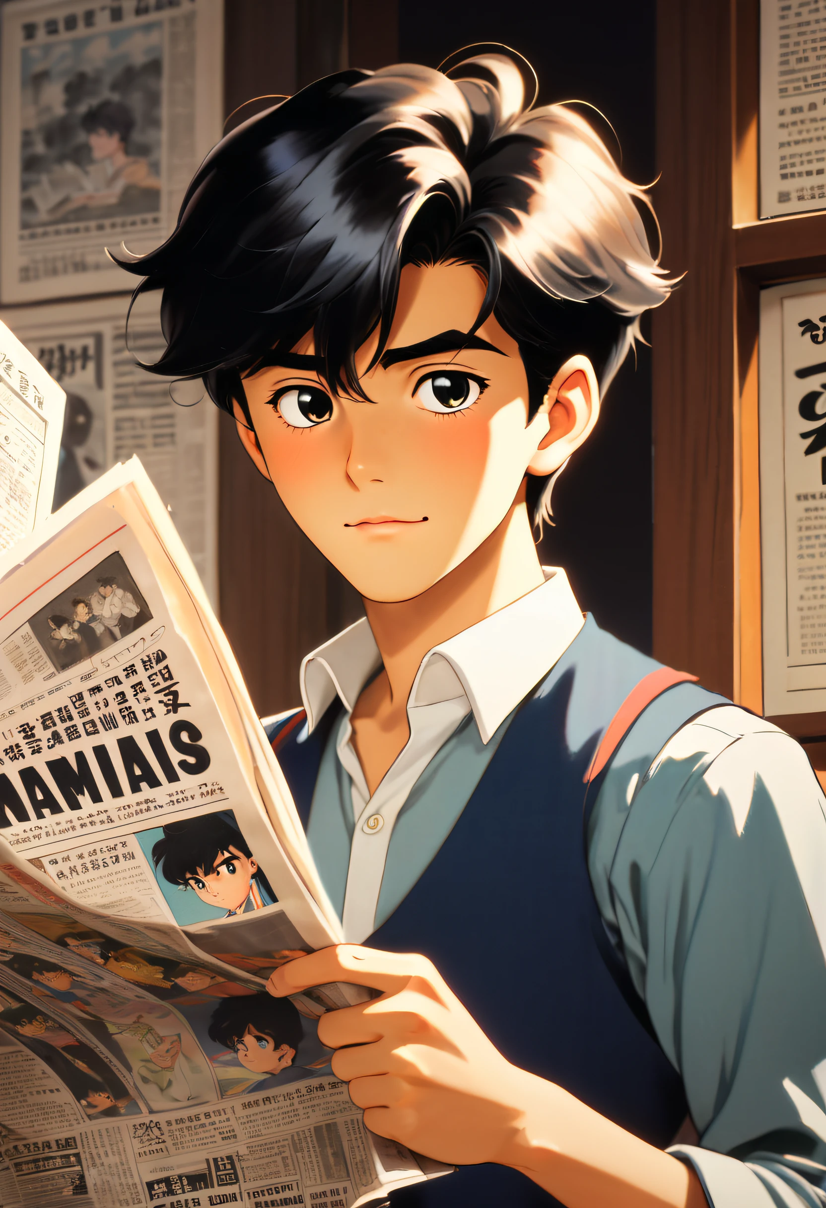 A handsome and cute boy is reading a newspaper，style of 1980s anime 20，meiji art，nostalgic，disney animation