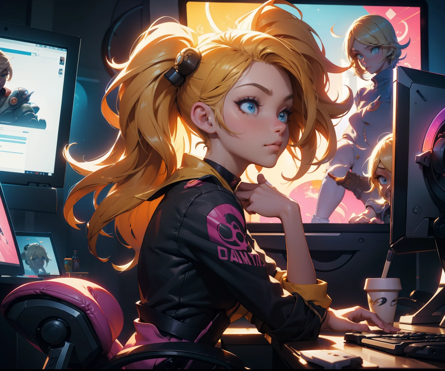 Chica de anime blonde sentada frente a un escritorio de computadora con un controlador de juego, gamer aesthetic, Sala de juegos en 2 0 4 0, Sala de juegos, Jugar videojuegos, juego, Tema Gamer, Jugando, Streamer do Twitch / Jugador Ludwig, Jugar juegos de computadora, Estilo de videojuego, Estilo de videojuego, Cyril Rolando y Goro Fujita, foto de perfil 1024px