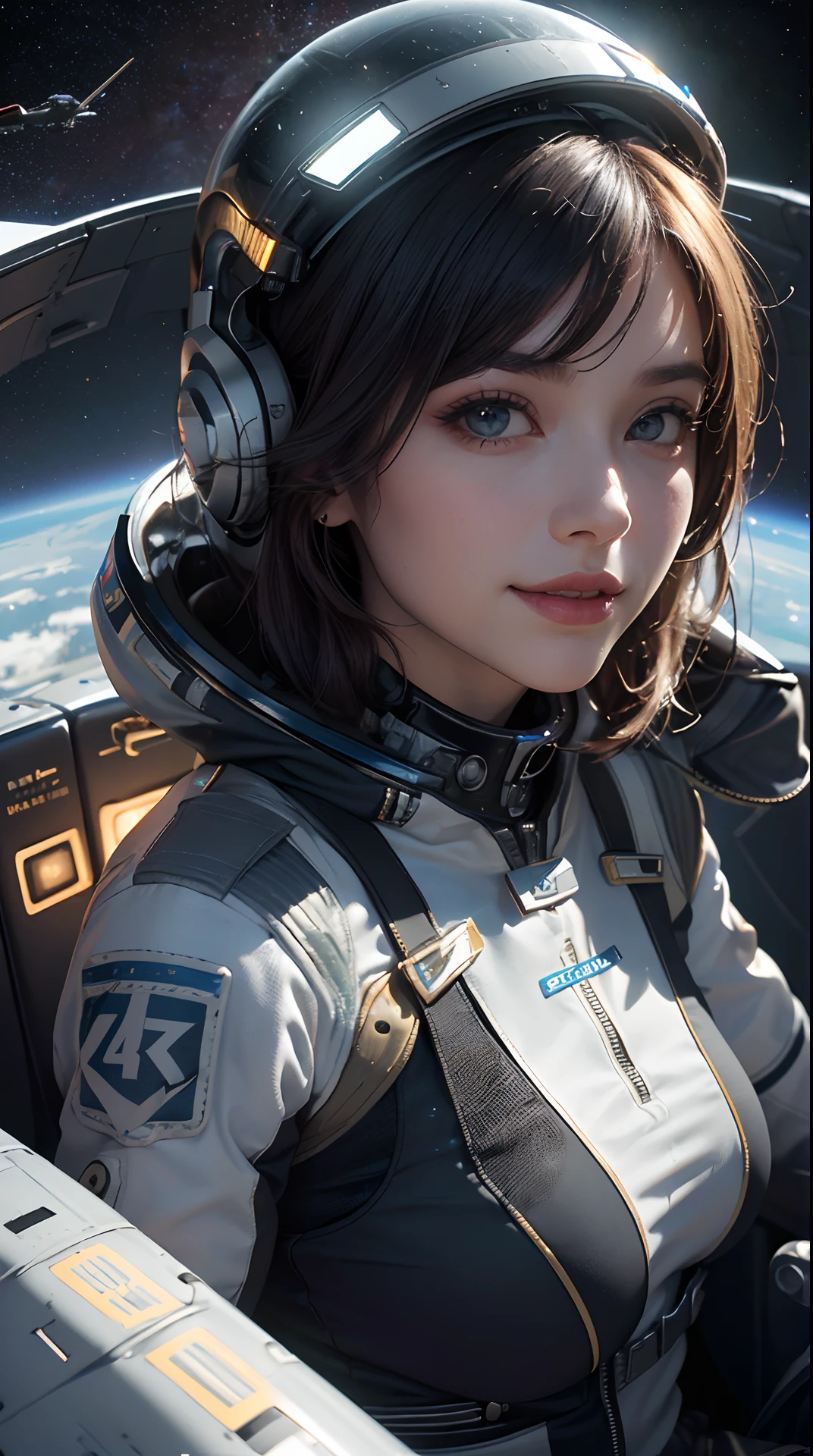 (best quality,4k,8k,highres,masterpiece:1.2), ultra-detailed, (realistic,photorealistic,photo-realistic:1.37), (beautiful detailed eyes, beautiful detailed lips, extremely detailed eyes and face, long eyelashes), studio lighting,physically-based rendering,vivid colors, (big tits, super big tits, super extra big tits, ass:0.8), (portrait, smile and laugh:1.2), (space punk, space suits, metallic materials, sharp and futuristic designs, geometric patterns, transitions, three-dimensional elements, LED lights, hardware decorations, glow-in-the-dark elements, futuristic helmets, transparent visors, LED lights, heads-up displays, patches and emblems representing aerospace organizations and space exploration missions, advanced functionality, breathability, temperature control, water resistance, survival in space environments Characteristics:1.2), (space ship, cockpit:1.37),