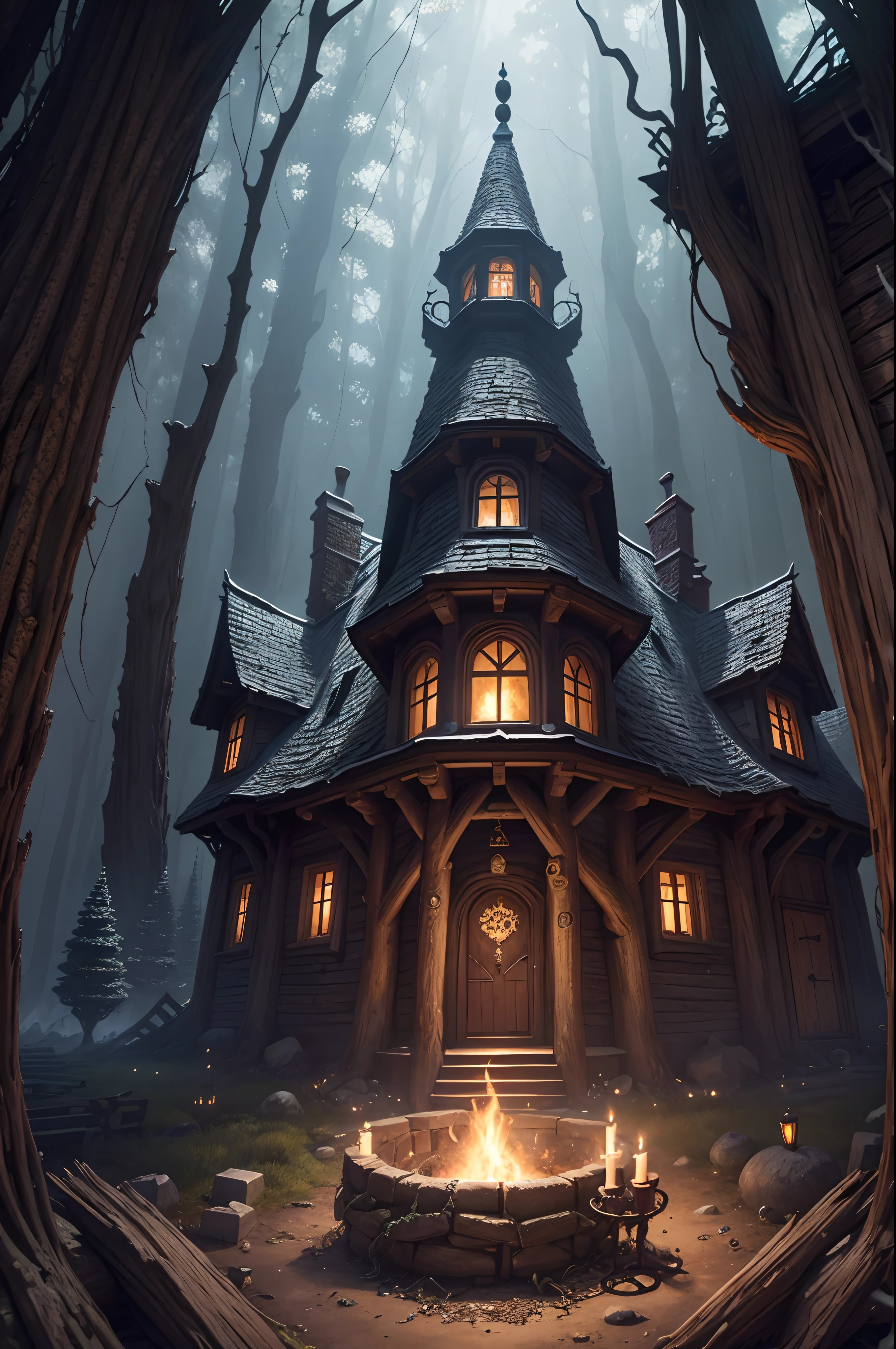 Masterpiece, top quality, best quality, official art, beautiful and aesthetic:1.2, extreme detailed, (fractal art:1.3) Hidden deep within an enchanted forest, the Witches' Cottage stands as an ominous haven of dark magic. Its gnarled timbers, crooked windows, and arcane symbols etched into the walls tell of ancient sorcery. Cauldrons bubble with eldritch potions, and the air is thick with enchantments. Within these ominous walls, secrets are bound by the craft of witches