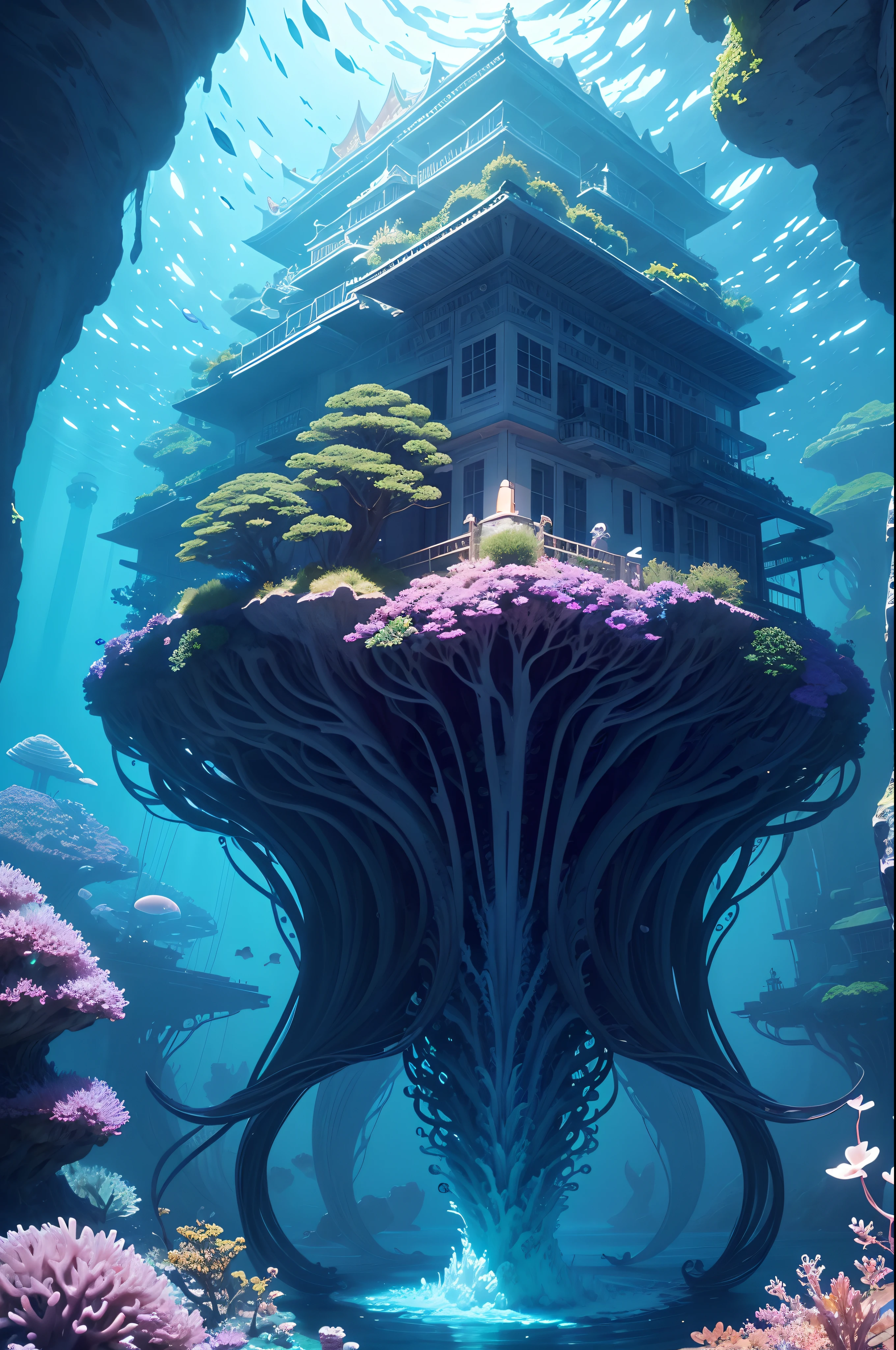 Masterpiece, top quality, best quality, official art, beautiful and aesthetic:1.2, extreme detailed, (fractal art:1.3) Submerged beneath the azure waves, the Pineapple House is an enchanting sight. Surrounded by a vibrant undersea world, you'll discover a realm of wonder. Graceful jellyfish float by with bioluminescent grace, while delicate anemones sway in the gentle currents. Shoals of tropical fish, vibrant squid, and curious crabs bring life to this ethereal dwelling