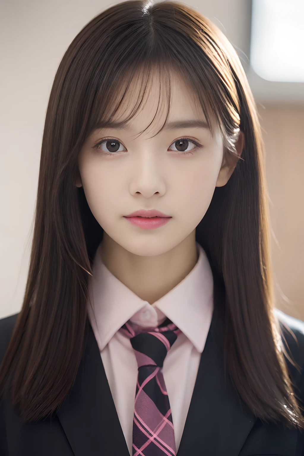tmasterpiece，top-quality，offcial art，Highly detailed CG Unity 8K wallpapers，female high-school student，Very delicate beautiful，超A high resolution，（realisticlying：1.4），Golden Hour Lighting，（full body Esbian），in class room，（Platinum Shorthair：0.8），（Pretty eyes），looking at viewert，facing front，Twin-tailed hair, ssmile，JK Skirt（Plaid），Petite bust，high-school uniform，neck tie， tmasterpiece， best qualtiy， RAW photogr， realisticlying， faces， incredibly absurd res， depth of fields， hight resolution， ultra - detailed， finedetail， Very detailed， extremely detailed eye and face， Sharp pupils， pupil realistic， tack sharp focus， cinmatic lighting, Idol style、Super Cute:1.2、A dark-haired、bangss、(Lips pale pink:1.2),