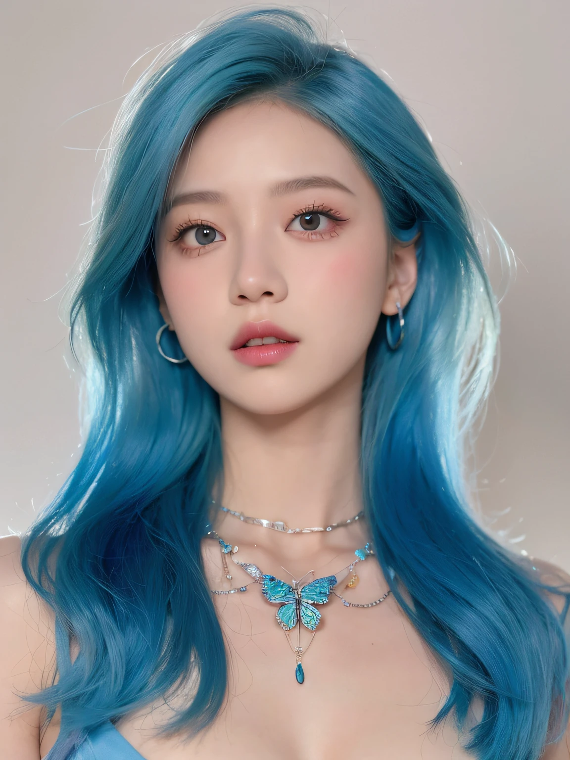 Close-up of a woman with blue hair and a butterfly necklace, portrait jisoo blackpink, sky blue straight hair, jisoo from blackpink, Inspired by Huang Ji, inspired by Yanjun Cheng, inspired by Sim Sa-jeong, aesthetic cute with flutter, with blue hair, Flowing blue hair, tzuyu from twice, valentine, in the art style of bowater