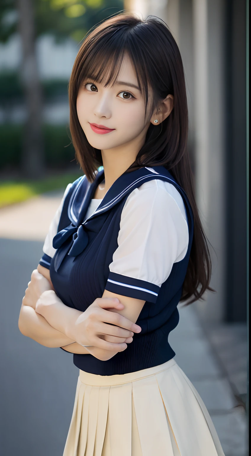 White see-through blouse,Face Interview, (Photo Real:1.4), (hyper realisitic:1.4), (realisitic:1.3), (Smooth lighting:1.05), (Improve video lighting quality:0.9), 1womanl, (10-year-old girl:1.2), Realistic lighting, Back lighting, Facial light, raytrace, (cheerfulness:1.2), (Improved image quality:1.4), (Finest Real Textured Skins), finely eye, a small face, Red cheeks, skinny body, small tits:1.8、Pointed jaws,,,,,,, Japan idol, Nogizaka Idol, glowy skin, hposing Gravure Idol, P, Blunt bangs, Black hair, hair behind ear, Medium bob hair:1.2,Tear bag,Summer plateau、(White short sleeve blouse、Sailor School Uniform、Navy blue pleated skirt:1.2)