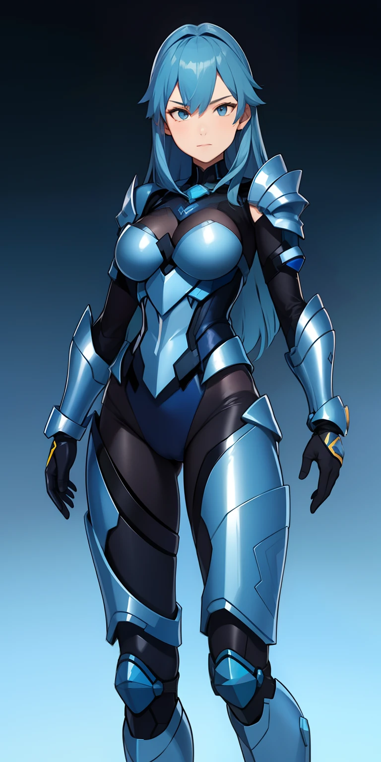 Girl, blue armored suit, blue hair