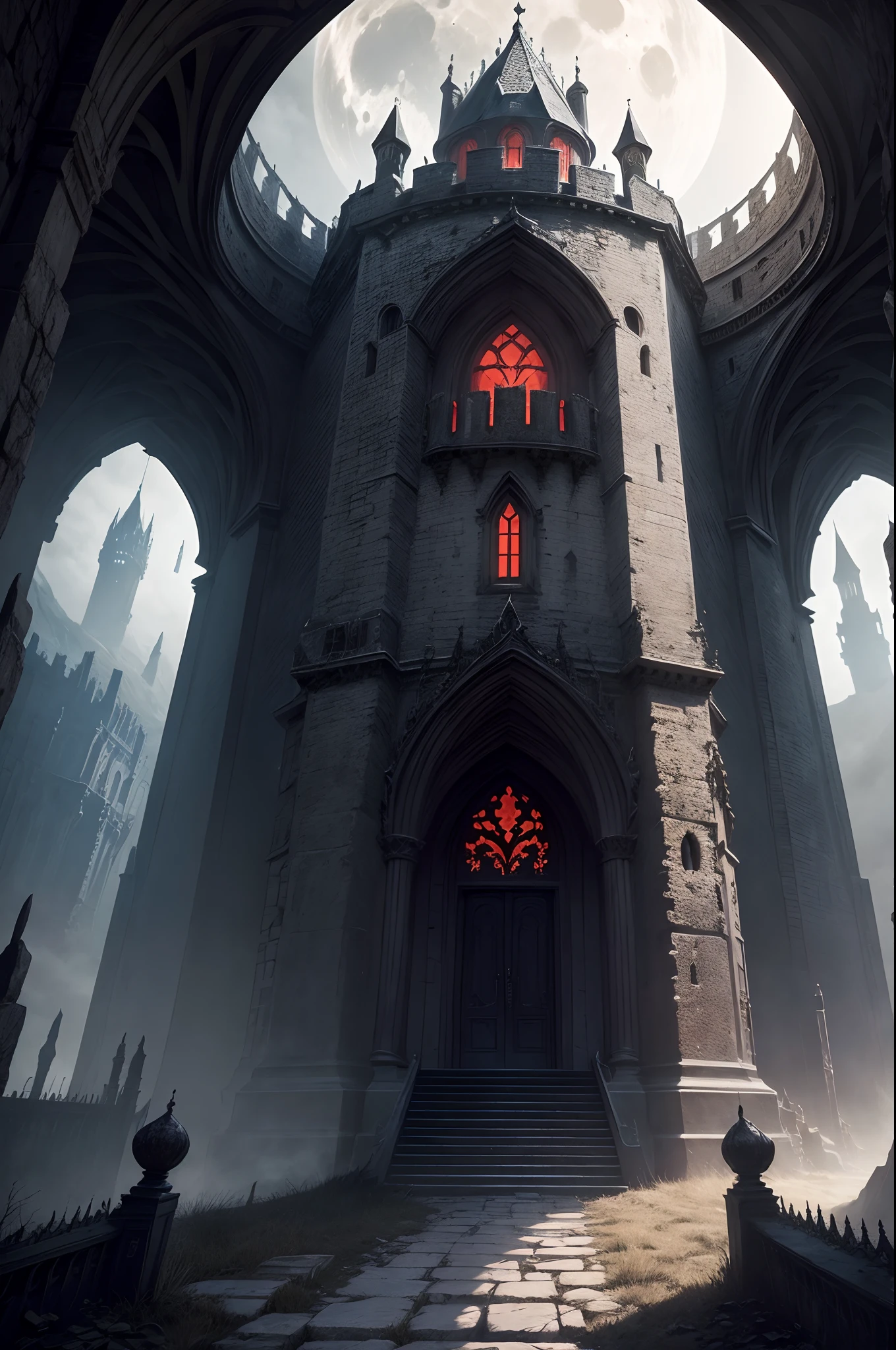 Masterpiece, top quality, best quality, official art, beautiful and aesthetic:1.2, extreme detailed, (fractal art:1.3) Perched atop a shadowy cliff, the Vampiric Castle is a fortress of eternal night. Its ominous battlements and blood-red banners cast a foreboding shadow over the land. In its heart, the undead lords of darkness rule, and the sound of haunting whispers lingers in the moonless corridors. This castle is a realm where the immortal thirst for blood prevails