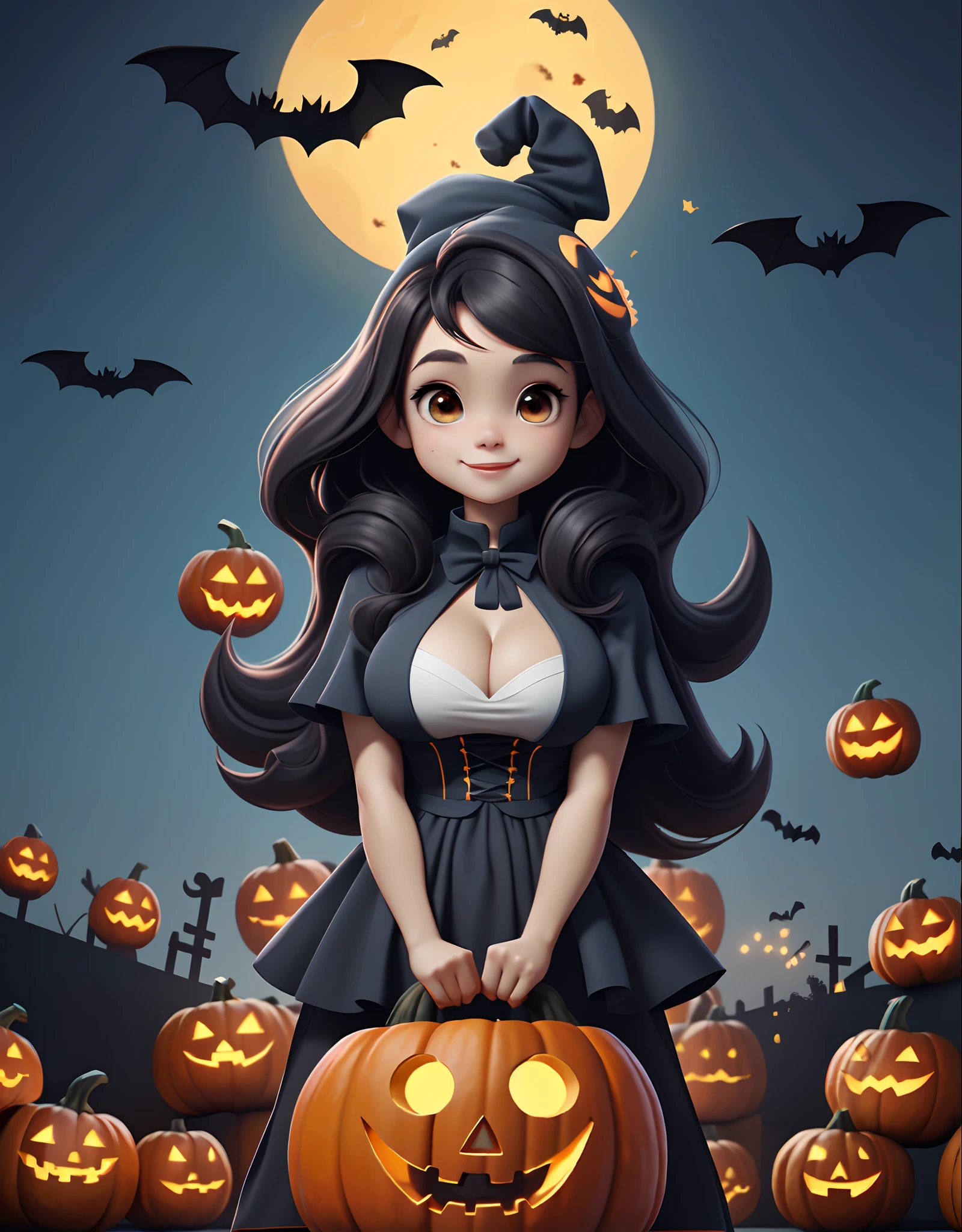 （Cartoon girl in pumpkin costume standing on pumpkin cart）, There are huge bats flying in the sky，（Pumpkin costume：1.1），（Colorful lights are hung everywhere：1.37）， in a halloween style, Cute, halloween theme, Cute, 8K high quality detailed art, , Cute detailed digital art, Trick or Treat, lovely art style，Cartoony，illustration，anime big breast，by Pixar，Blue-white light