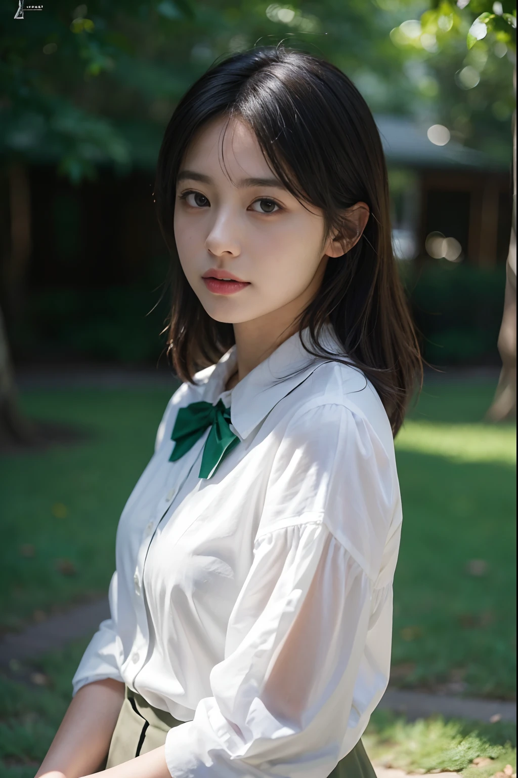 Women's arafade green bow and white shirt, Inspired by Chiho, shiori teshirogi, narumi kakinouchi, Yoshitomo Nara, harumi, Tsutomu Nihie, shikamimi, ayaka, Takada Akemi, nishimiya shouko, Sakimi-chan, rin.

(bestquality,10,10,highres,masterpiece:1.2),ultra-detail,(Realistic,photorealistic portrait,photo-realistic:1.37),Women's arafade green bow and white shirt,Modern rendering is stylish in the style of oil paintings., vibrant colours, Thick brush, intricate detailed, gentle lighting, Charming atmosphere, Attractive expressions, intricate pattern, Sensitive surfaces, Charming eyes, flowing hair, Confident posture.
