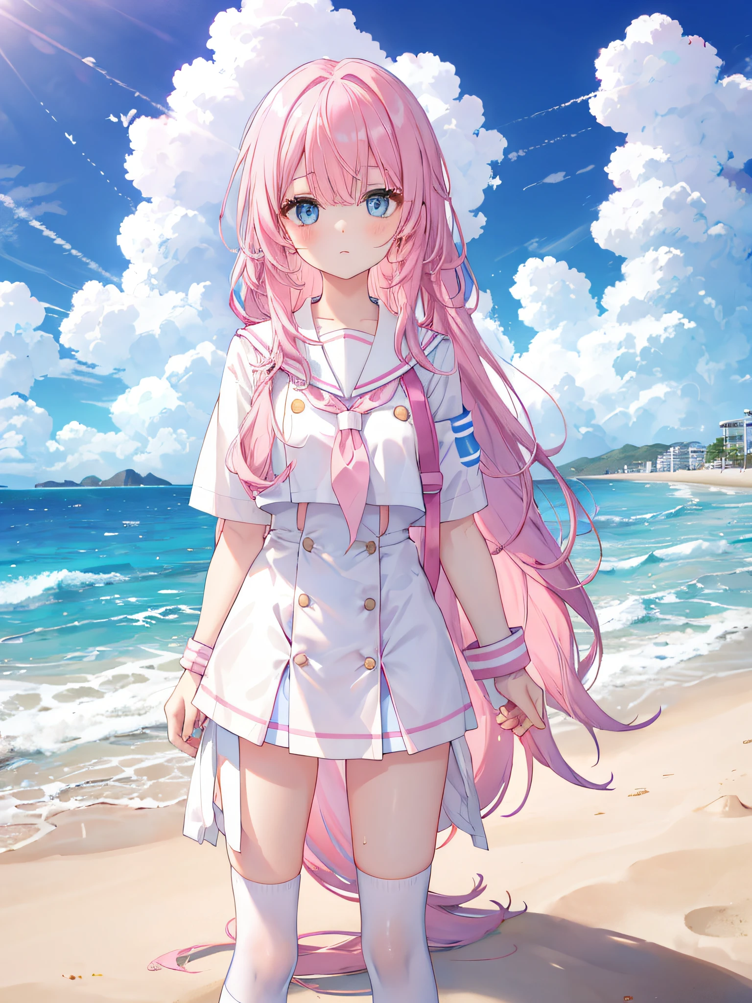 chromatically，Girl with pink hair，long whitr hair，By bangs，blue color eyes，White knee-length socks，JK school uniform，beach sand background，with blue sky and white clouds
