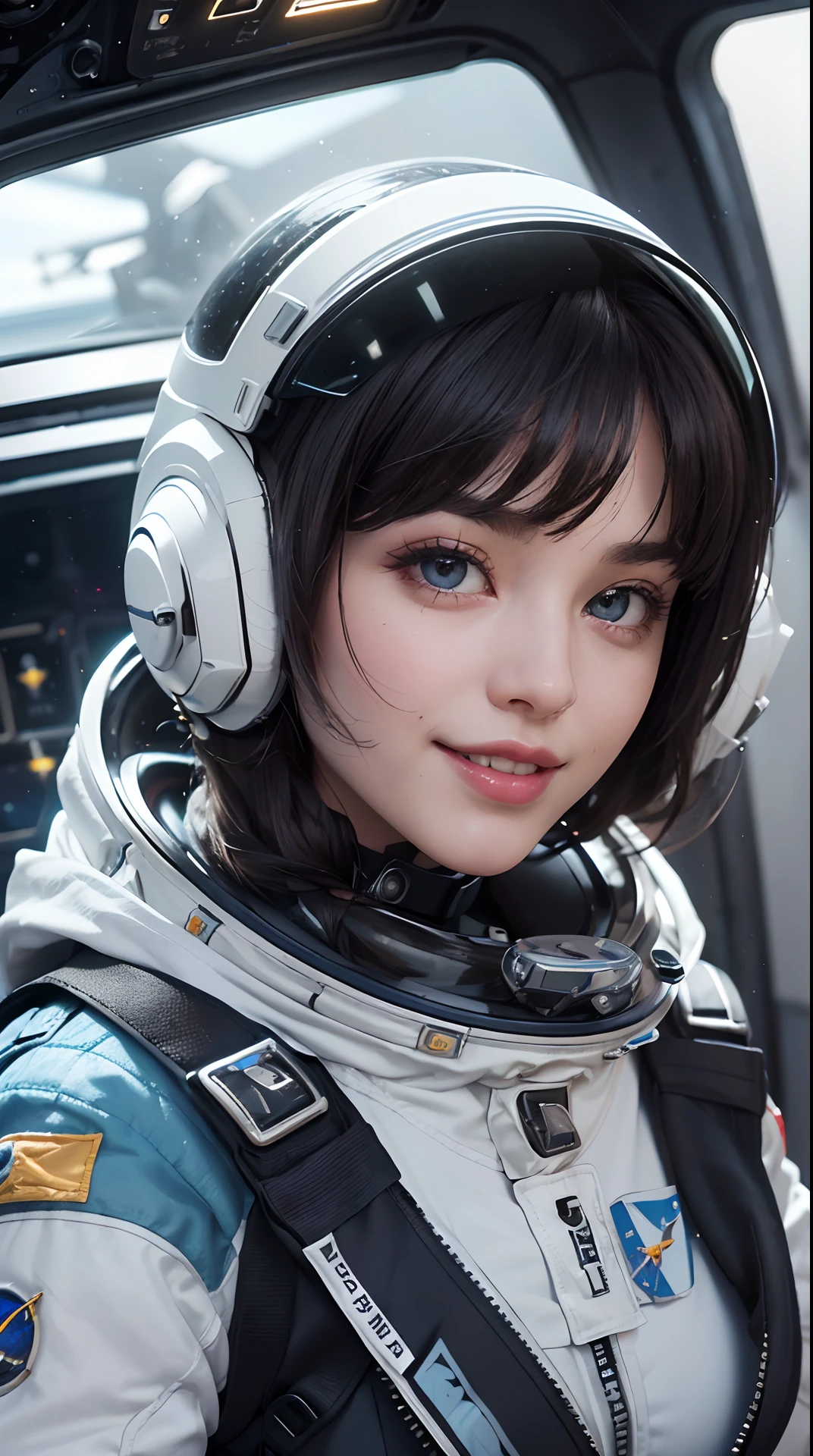 (best quality,4k,8k,highres,masterpiece:1.2), ultra-detailed, (realistic,photorealistic,photo-realistic:1.37), (beautiful detailed eyes, beautiful detailed lips, extremely detailed eyes and face, long eyelashes), studio lighting,physically-based rendering,vivid colors, (big tits, super big tits, super extra big tits, ass:0.8), (portrait, smile and laugh:1.37), (space punk, space suits, metallic materials, sharp and futuristic designs, geometric patterns, transitions, three-dimensional elements, LED lights, hardware decorations, glow-in-the-dark elements, futuristic helmets, transparent visors, LED lights, heads-up displays, patches and emblems representing aerospace organizations and space exploration missions, advanced functionality, breathability, temperature control, water resistance, survival in space environments Characteristics:1.2), (space ship, cockpit:1.37),