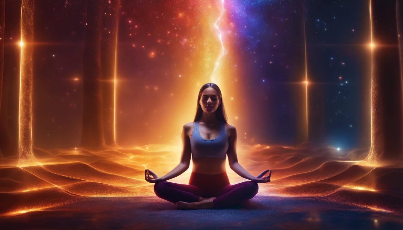 a pregirl,Meditate cross-legged, positive energy, Very bright colors, Light particles, with light glowing, Mshiv, wallpaper art, UHD wallpaper