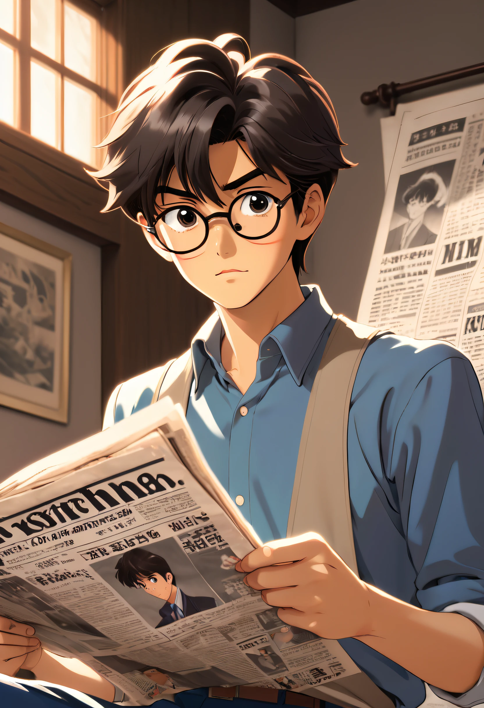 A handsome and cute boy is reading a newspaper,Looks like Shinichi Kudo,The style of the 1980s anime 20s,Meiji art,Nostalgic,Disney animation