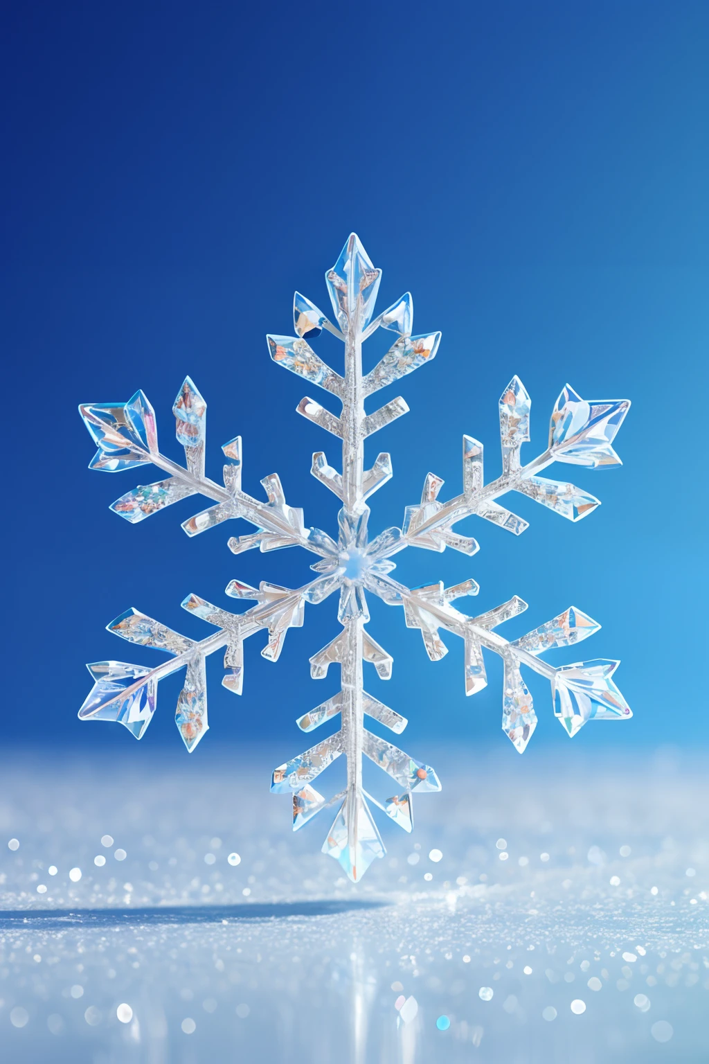1 crystal snowflake, On the surface of the ice, no human,(gradient backgrounds:1.3), fanciful, galaxias, cleanness, glittery, glittery, splendor, Colorful, Amazing photography, dramatic lighting, photo-realism, ultra - detailed, 4k, depth of fields, A high resolution