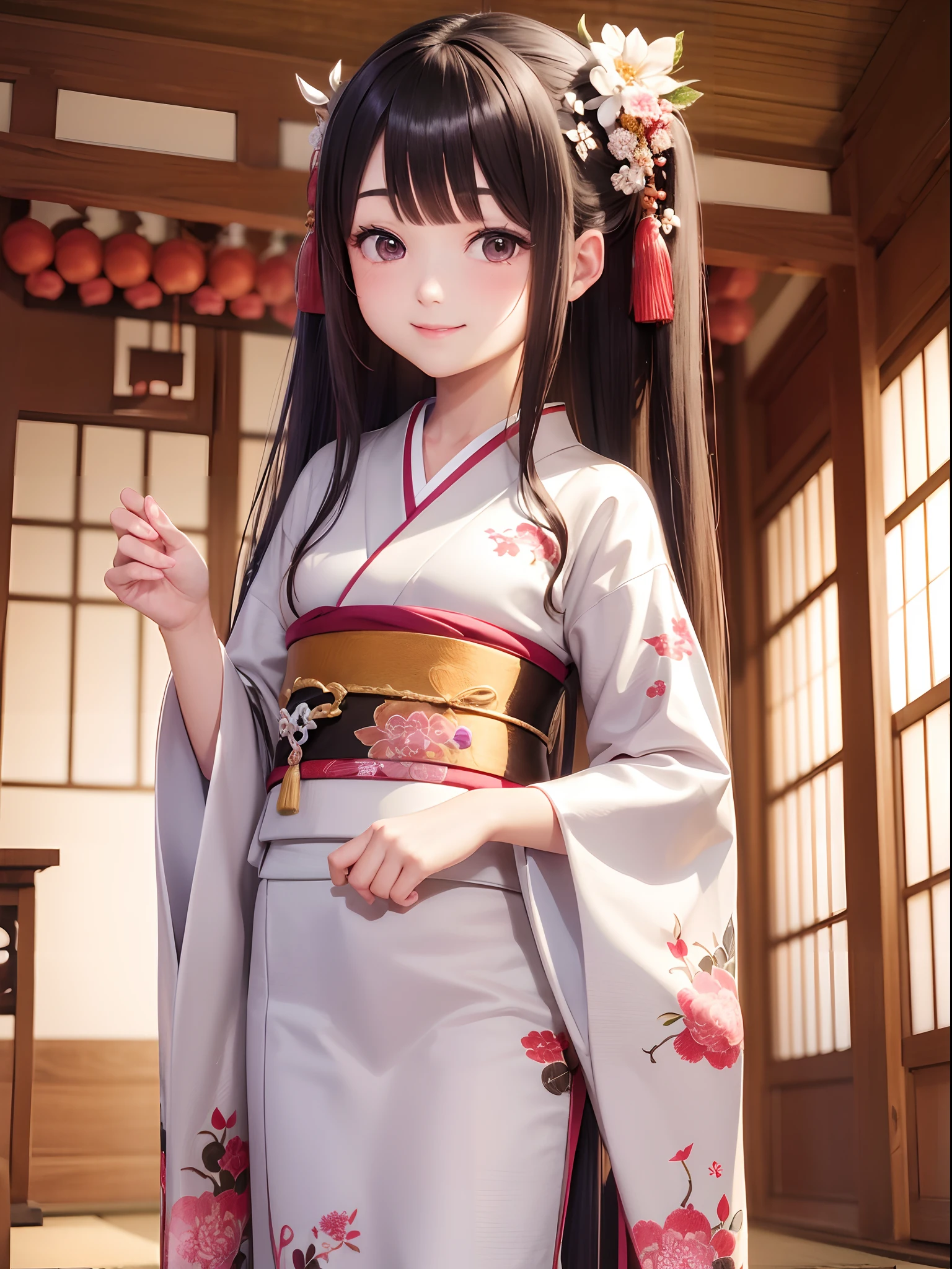 1girl, long hair, hair ornament, kimono, Japanese shrine, standing, beautiful detailed eyes, Cherry blossoms, smile, best quality, masterpiece, intricate details