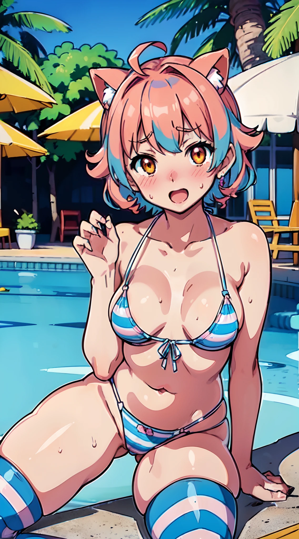 (Perfect body),Best Quality, K、(((((Lori)))))、((Light blue striped bikini))、Blue crystal、()、(((blush)))、I have my mouth wide open、:D、V-shaped eyebrow、short-hair、((((waved hair))))、Ahoge、(Orange Eyes),((Pink hair)),(Sweat)、((Big ass))、((((flat chest))))、(((thick thighs)))、Armpits、(bending forward)、(claw pose)、in poolside