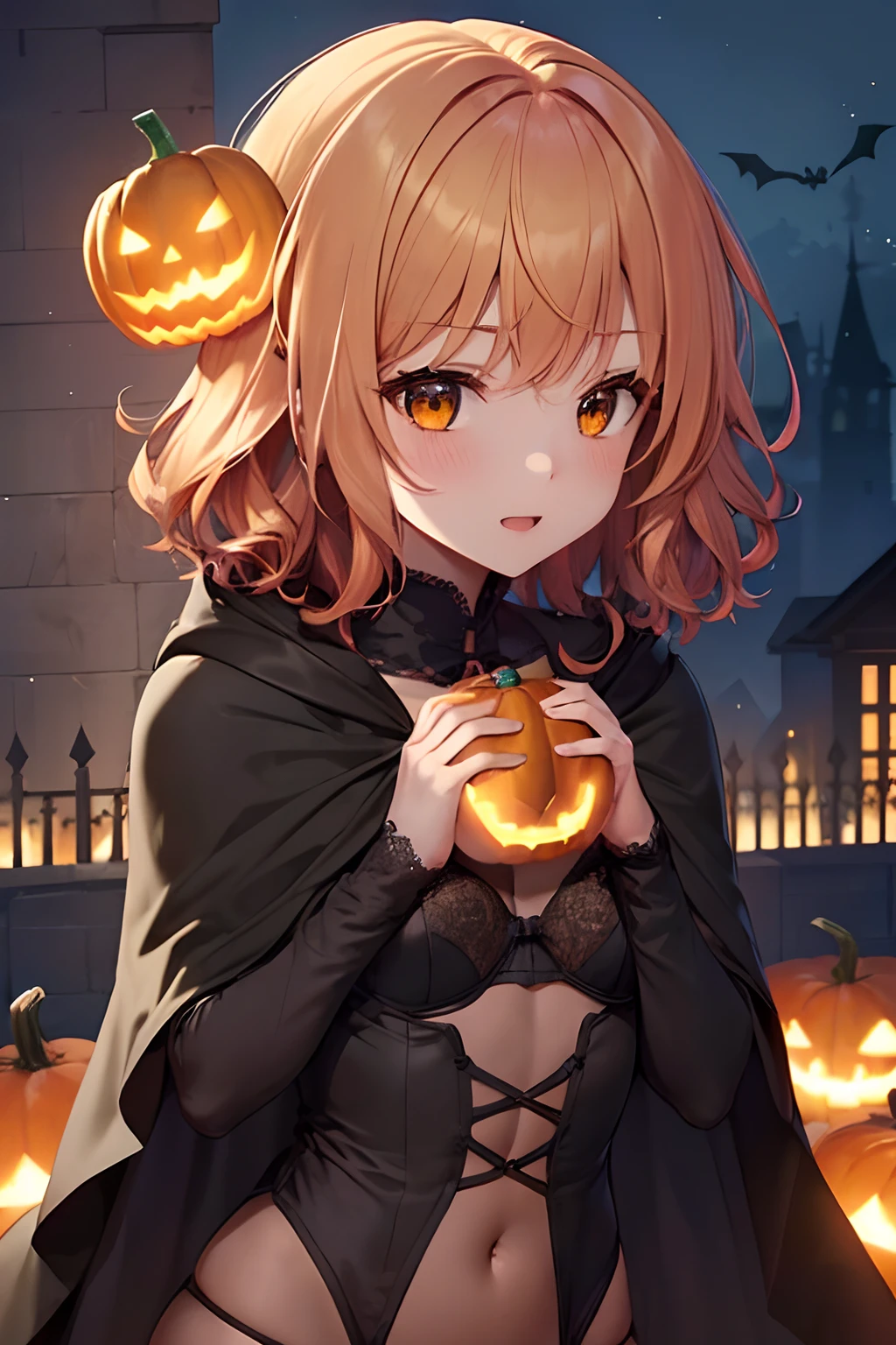 //quality, masutepiece, Best Quality, High resolution, Super Detail, 32K, //Base, Makima, Cute, Witch, Solo, short height, Medium chest, (: 1.2), (Halloween Party: 1.5), //hair, ((Two-color mixed hair: 1.5)), ((Blonde hair: 1.5)), (Details, two color hair: 1.5), (Hair with red mesh: 2.2), Red mesh, ((short wavy hair: 1.8)), Wavy Hair, Short hair, //Face, (Yellow eyes: 1.3), symmetric clear eyes, Shining eyes, (blush: 1.5), (Open mouth: 2.0), Happy, Smile as beautiful as a little devil, // Body, slender, ((Middle chest: 1.8)), (Chest exposure: 1.5), (Beautiful fingers: 1.5), Navel exposed, // Clothes, ((Witch's cloak: 1.8)), (( super detailed, Black lace bodysuit: 1.7)), ((intricate lace: 2.0)), //Scene, Halloween, ((super detailed, Pumpkin Lantern: 2.2)), (Holding a pumpkin lantern in your hand: 2.2), //Background, Halloween, (Night, Dark: 1.5), (castle: 1.7), Inside the castle, The dim