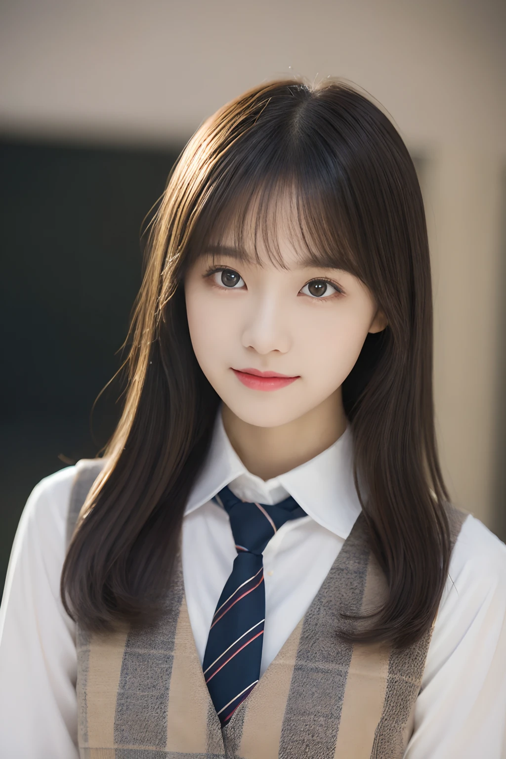 tmasterpiece,top-quality,offcial art,Highly detailed CG Unity 8K wallpapers,female high-school student,Very delicate beautiful,超A high resolution,(realisticlying:1.4),Golden Hour Lighting,(full body Esbian),in class room,(Platinum Shorthair:0.8),(Pretty eyes),looking at viewert,facing front,Twin-tailed hair, ssmile,JK Skirt(Plaid),Petite bust,high-school uniform,neck tie, tmasterpiece, best qualtiy, RAW photogr, realisticlying, faces, incredibly absurd res, depth of fields, hight resolution, ultra - detailed, finedetail, Very detailed, extremely detailed eye and face, Sharp pupils, pupil realistic, tack sharp focus, cinmatic lighting, Idol style、Super Cute:1.2、A dark-haired、bangss、Lips are natural in color、