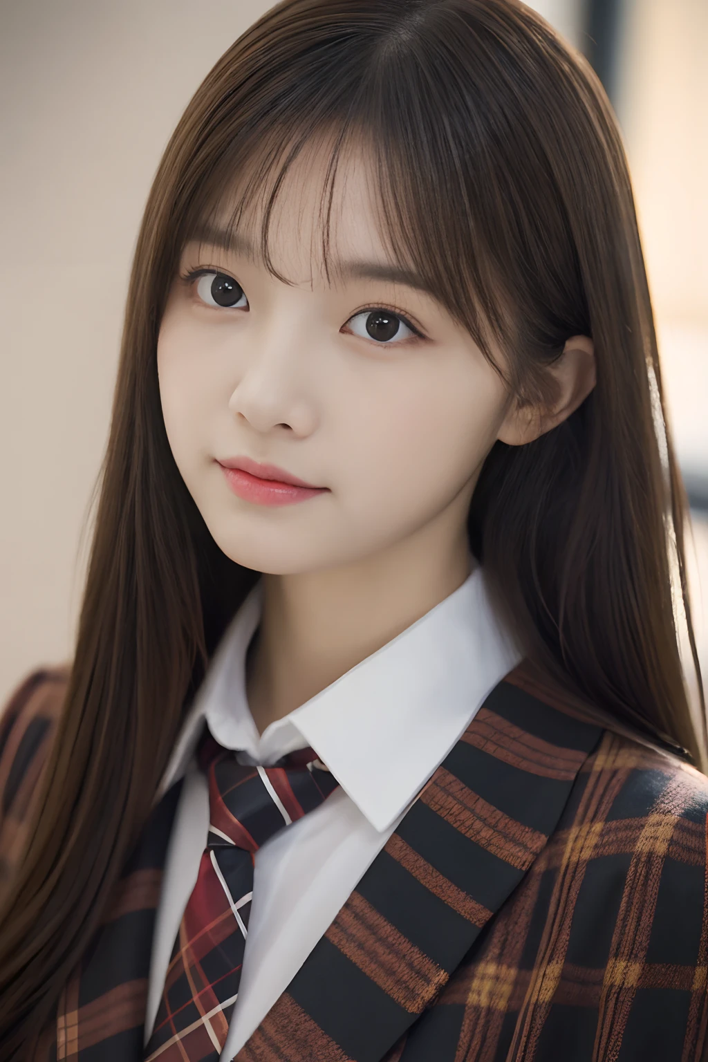 tmasterpiece，top-quality，offcial art，Highly detailed CG Unity 8K wallpapers，female high-school student，Very delicate beautiful，超A high resolution，（realisticlying：1.4），Golden Hour Lighting，（full body Esbian），in class room，（Platinum Shorthair：0.8），（Pretty eyes），looking at viewert，facing front，Twin-tailed hair, ssmile，JK Skirt（Plaid），Petite bust，high-school uniform，neck tie， tmasterpiece， best qualtiy， RAW photogr， realisticlying， faces， incredibly absurd res， depth of fields， hight resolution， ultra - detailed， finedetail， Very detailed， extremely detailed eye and face， Sharp pupils， pupil realistic， tack sharp focus， cinmatic lighting, Idol style、Super Cute:1.2、A dark-haired、bangss、Lips are natural in color、