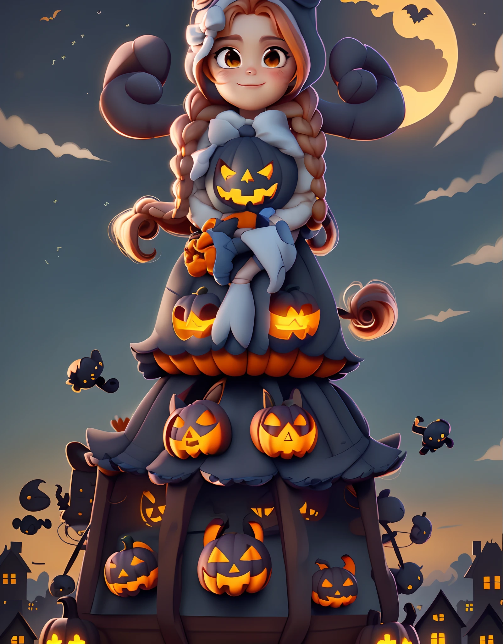 （Cartoon girl in pumpkin costume standing on top of pumpkin cart）, There are huge bats flying in the sky，（Pumpkin costume：1.1） in a halloween style, Cute, halloween theme, Cute, 8K high quality detailed art, , Cute detailed digital art, Trick or Treat, lovely art style，Cartoony，illustration，anime big breast，by Pixar，Blue-white light