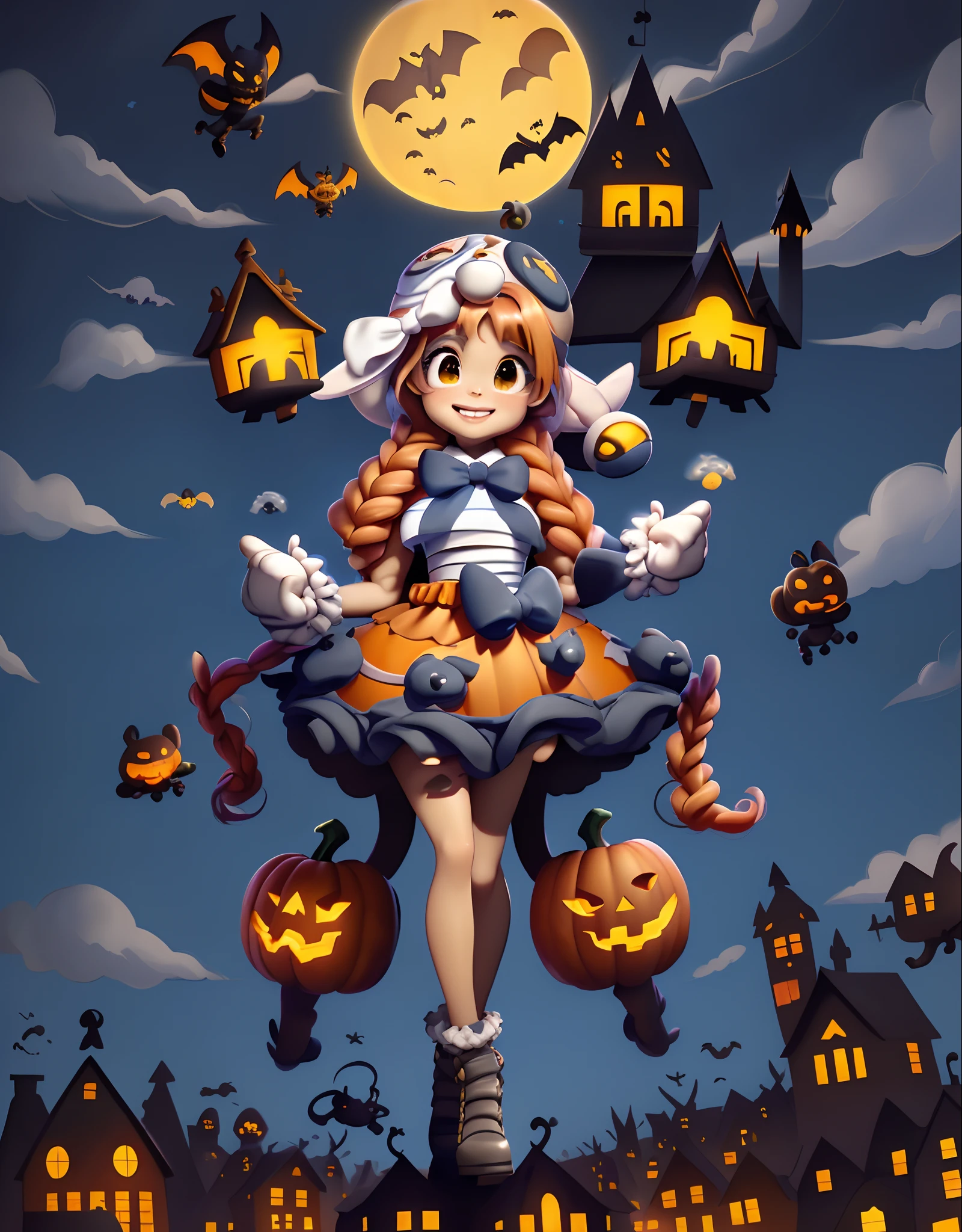 （Cartoon girl in pumpkin costume standing on top of pumpkin cart）, There are huge bats flying in the sky，（Pumpkin costume：1.1） in a halloween style, Cute, halloween theme, Cute, 8K high quality detailed art, , Cute detailed digital art, Trick or Treat, lovely art style，Cartoony，illustration，anime big breast，by Pixar，Blue-white light