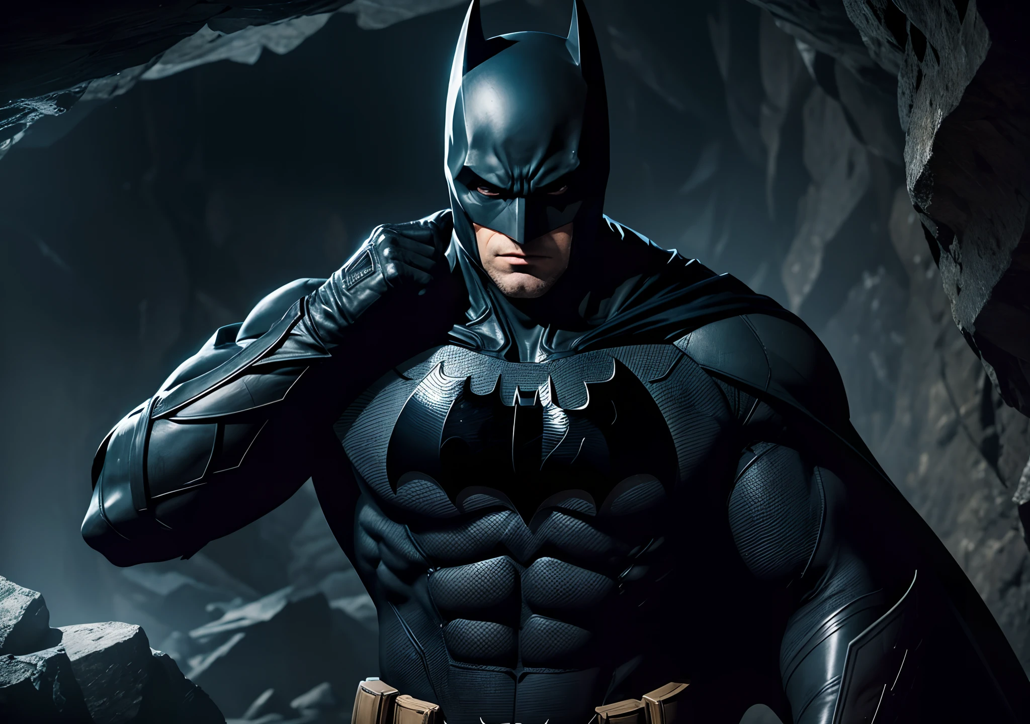 pensive batman, 4k, cinematic, ultra hd, in a dark cave, from the front, just the face, with his hand on his chin