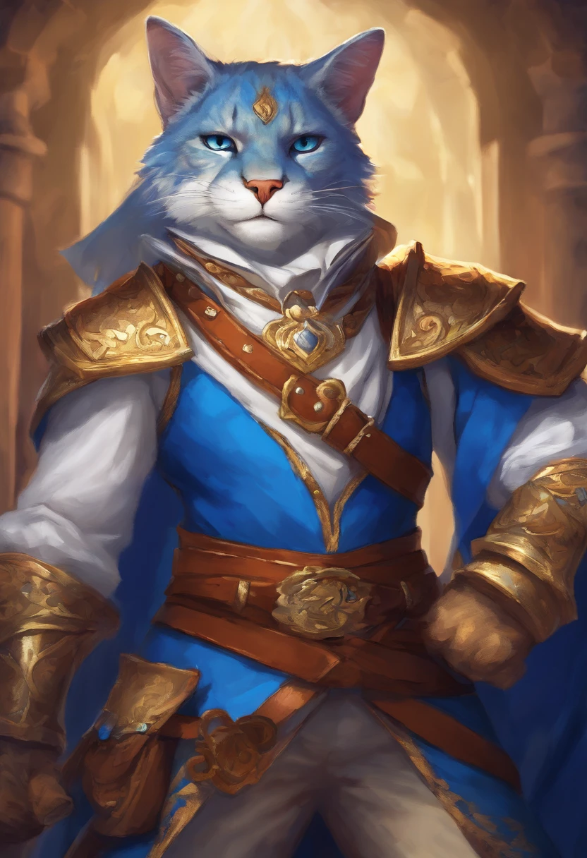 Tabaxi, Wearing Brave Suit, vivid blue with white collar and bronze buttons, masterpiece, best qualityTabaxi, Wearing Brave Suit, vivid blue with white collar and bronze buttons, masterpiece, best quality