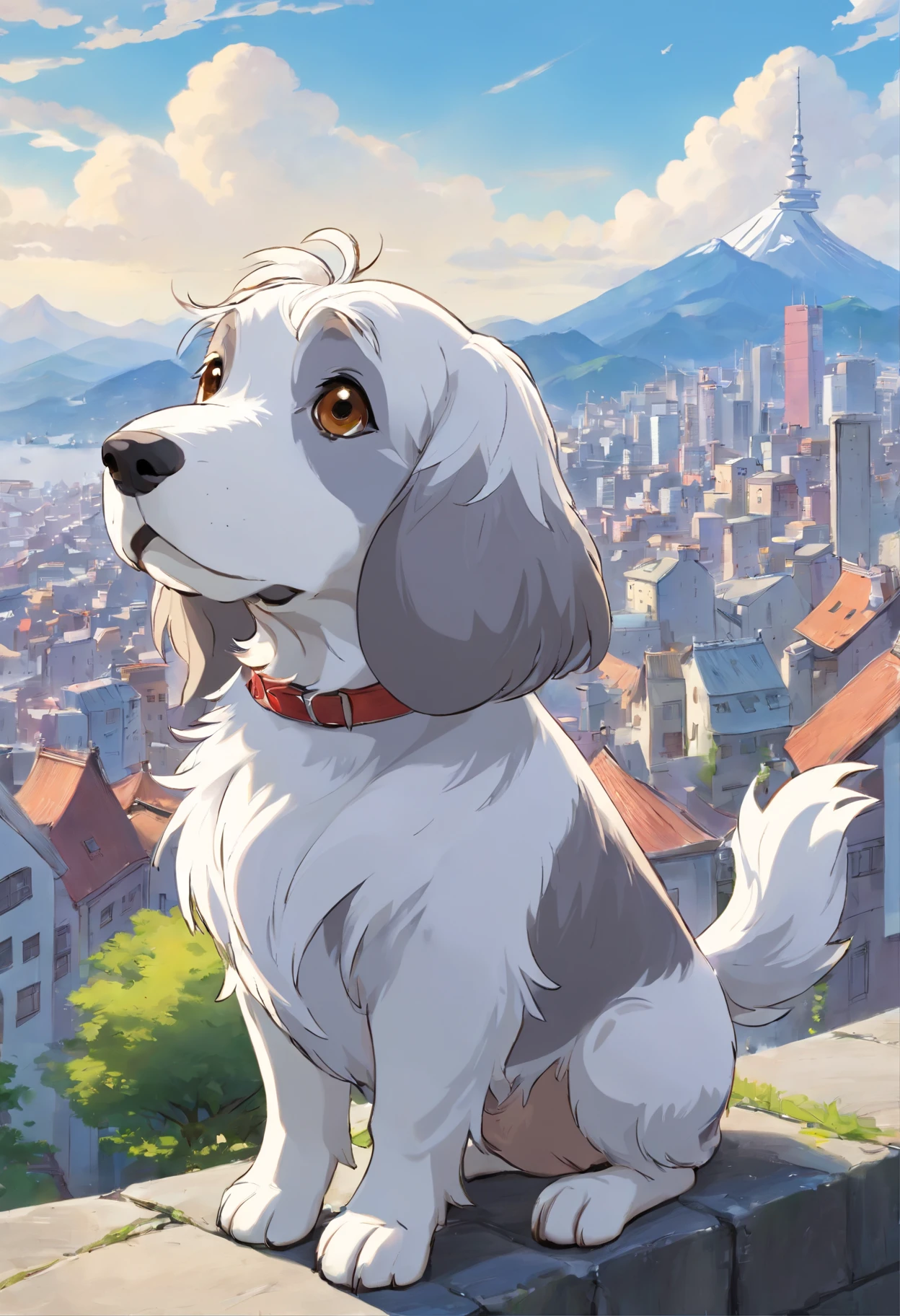 Gray and white petite basset griffon bandane　covered with fluffy hairs,　The body of the dog is white　　The color of the dog's ears and tail has a gray color　European-style cityscape　Mountains behind々The slope that can be seen