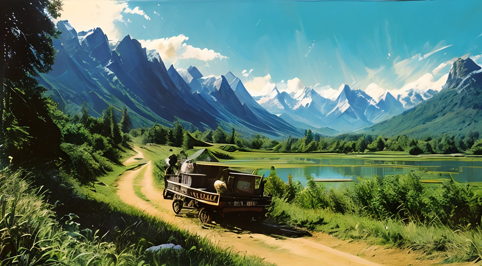 triadic color palete, mgcilu, poster for a 1980s, a Wagon pulled by Mythical giant wolf, beautiful landscape of mountain, rice field, and clear sky in the background.